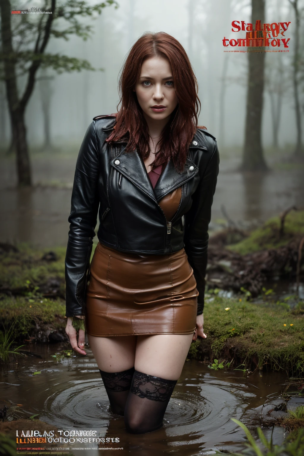 magazine cover, Hyper-realistic, ultradetailed, tmasterpiece. (Gloomy Forest:1.2). Laura Cassidy (Tormented by lust:1.1), standingn, (drowning in a bog:1.4). pencil skirt, (lace stockings:1.2), leather jacket, (Pronounced wrinkles:1.3), (Faded:1.3), Copper-red hair, Attention-grabbing , heading, stylish, font, memorable, heading, big, Sensation