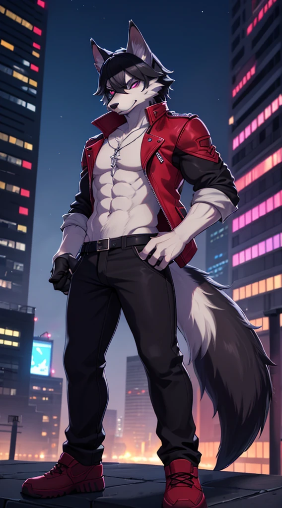 (Best Quality), Digital Drawing, 1 Male, Adult, Anthropomorphic Dark Gray Canid Wolf, Full Body, Standing Pose, Violet Eyes, Dark Gray Furs, Wolf Tail, Black Medium Hair, Wearing Dante's Clothes (from DmC: Devil May Cry one, released in 2013) and His Clothes Only, Muscular Body, Furry Paws as Hands, Good Looking, Serious Expression, Cool Pose, Red and White Shoes, 1 Big Cyan Horizontal Scar-like Marking on the Right Side of the Right Eye, 2 Medium Cyan Vertical Scar-like Markings Beneath of the Left Eye, Holding Sports Sunglasses in one of His Hands, City Background, Wearing a Shirt, Shirt with a Stamp of an Yellow Atom.