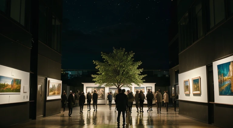 ((MASTERPIECE)),(((The concept of an art exhibition))) , green space around it, people walking, lights at night, long windows,a realistic design, with attractive surroundings