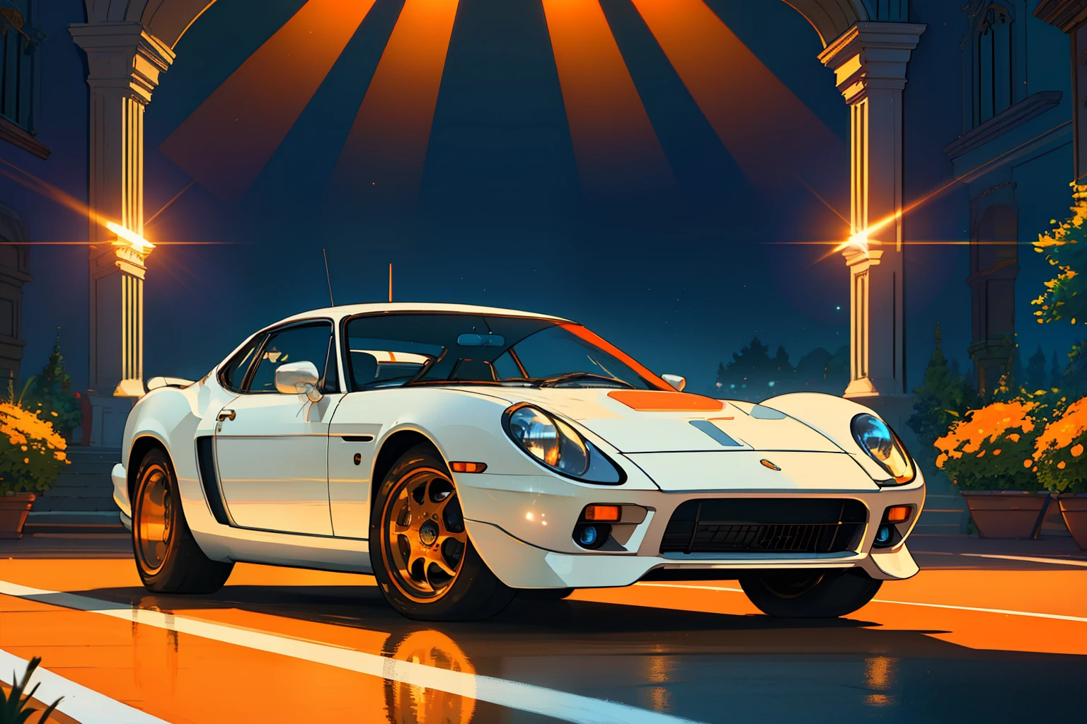 (masterpiece)+, (Best Quality)+, (Intricate Detail)+, design me the most beautiful car in the world, white paint with orange highlights, showroom concept, lens flare, camera artefact, professional photographer, 4k, HDR, longitudinal symmetry