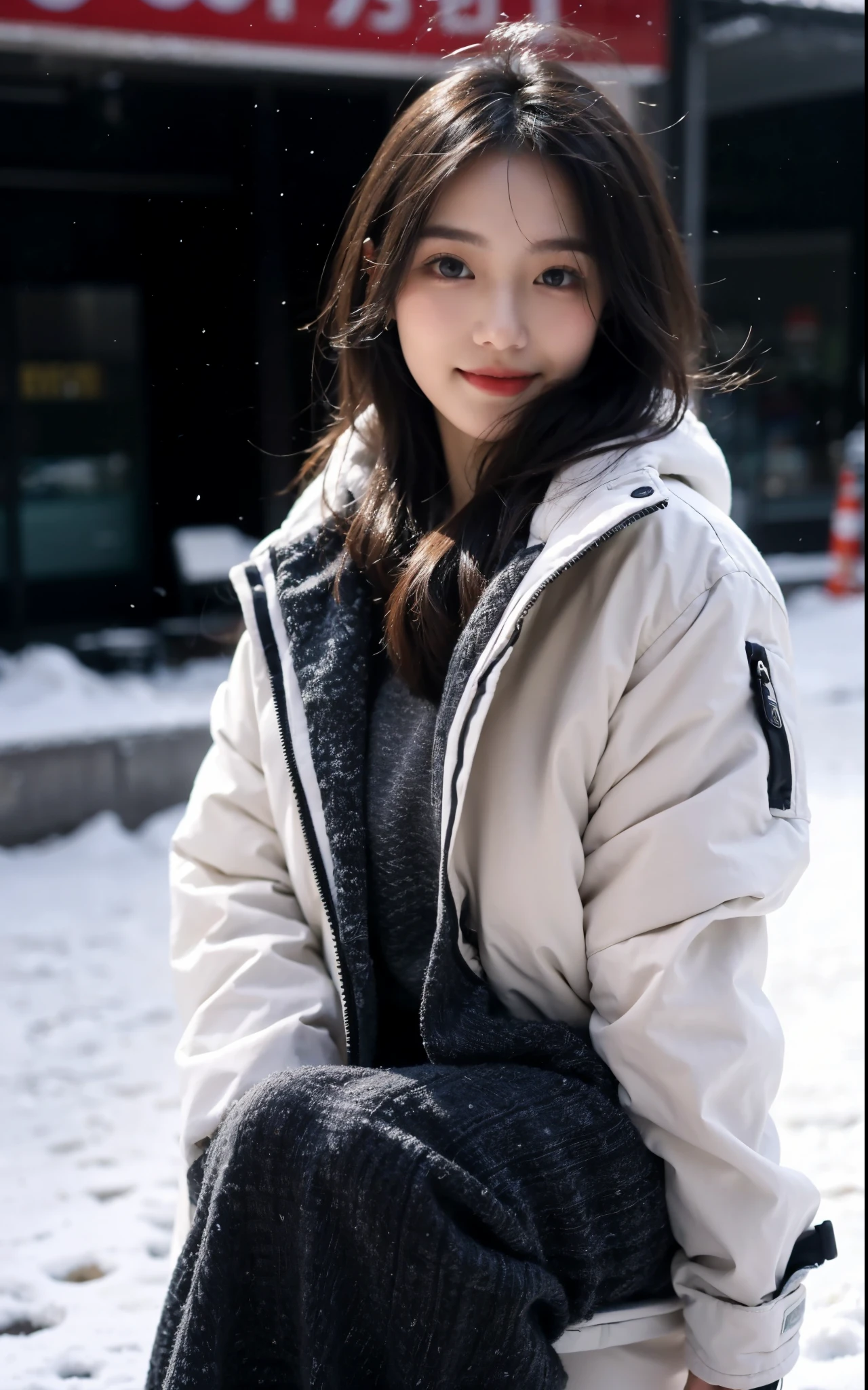 Wearing a white down jacket, Fair skin, 1 girl，close your mouth and smile，Winters，23-year-old girl，high high quality，looking at the camera in，face to the viewer，snowy days，（Short hair details：1.5），Full body photo
