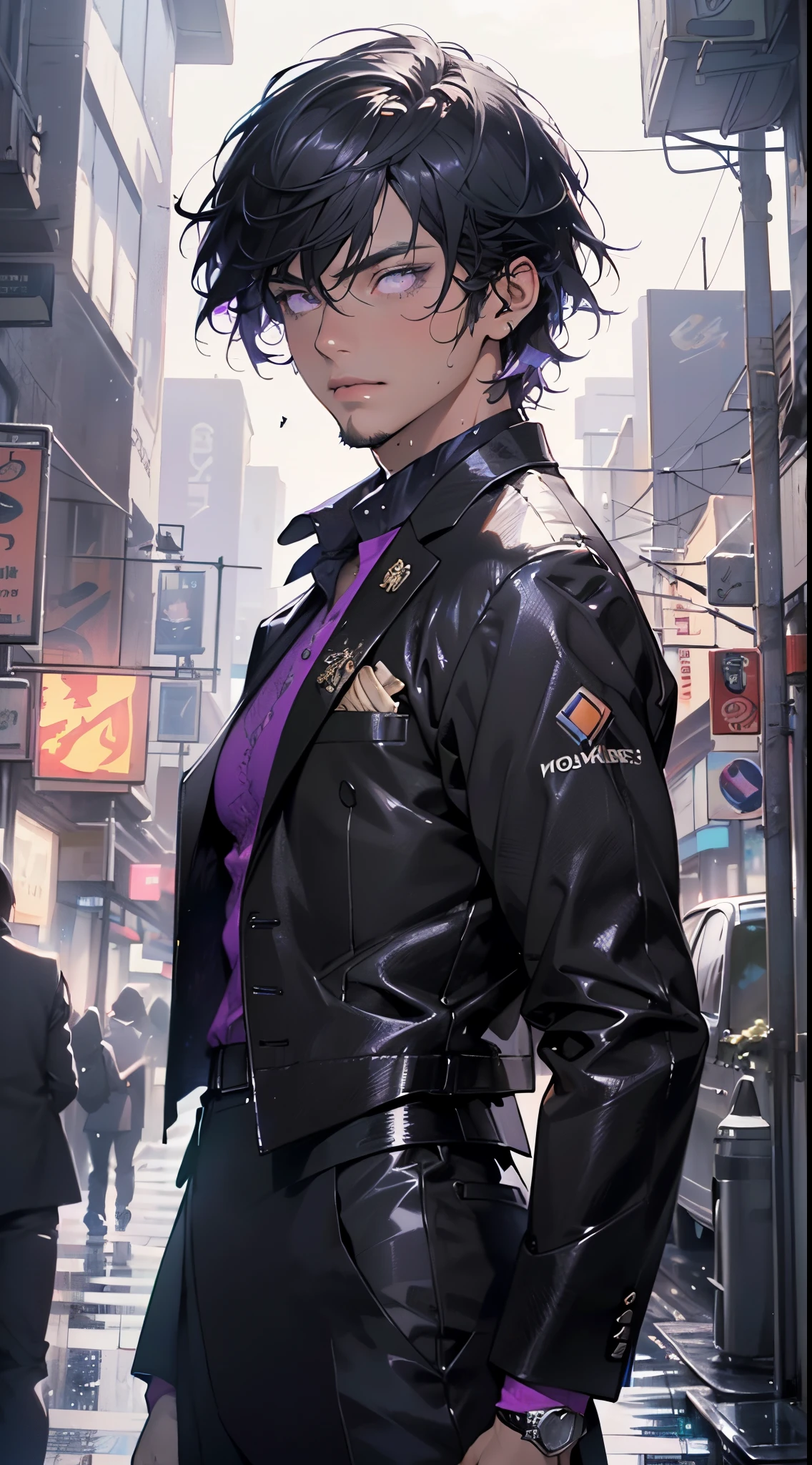 man:1.5,1 man,businessman man,(((1man))),((man with black short hair)),
(((1male,man:1.5,handsome man,male,male gender:1.5,male focus))),macho man,hero,
((messy hair,black short haircut,detailed black hair,highly detailed hair,black hair,colored inner hair)),(((lustrous skin:1.5,tanned skin,bright skin: 1.5,skin tanned,shiny skin,very shiny skin,shiny body,illuminated skin))),(((purple_eyes:1.2))),intricate eyes,beautiful detailed eyes,symmetrical eyes,((man chest)),handsome face,((muscular)),male jaw,((very short beard)),(((detailed face))),
manly,nsfw,
cyberpunk businessman, ((Business suit:1.5)), futuristic businessman,((bulge in pants)),((bold color suit:1.2)),((wet clothes,intricate outfit,intricate clothes,intricate suit)),
(dynamic pose:1.0),solo focus,((smug)),(centered,scale to fit dimensions,Rule of thirds),
cyberpunk city by the ocean at night, with bright neon signs and dark stormy clouds and puddles, scenery:1.25,nighttime, starry night, cosmos,Very dark night that makes the neon lights stand out, very bright neon lights,nighttime, starry night, cosmos,
artistic photography,(photography taken by sldr),highres, sharp focus,(ultra detailed, extremely detailed), (photorealistic artwork:1.37),(extremely detailed CG unity 8k wallpaper),((synthwave background theme)),(((vibrant colors))),intricate,(intricate background),(masterpiece),(best quality),perfect rendered face,perfect face details,realistic face,photo realistic,analog style,((intricate detail)),(((realism))),