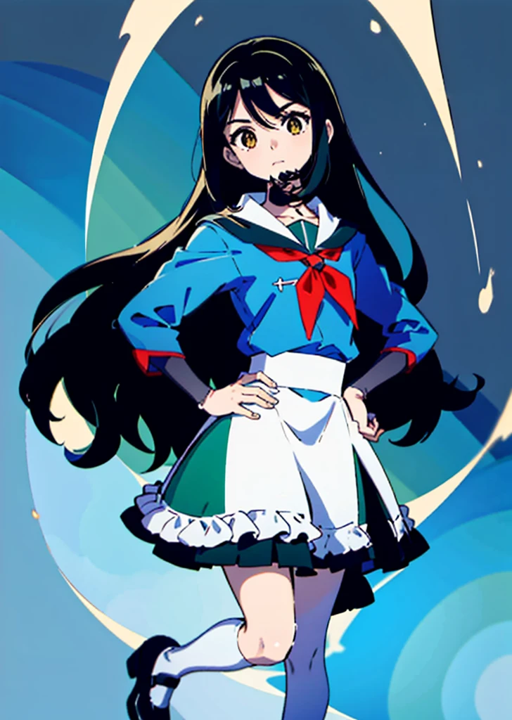 1 girl, ((master part, Lemeral Lighting, Olhos bonitos: 1.2), ultra-detalhado, ultra high-resolution, professional lighting, maquiagem de alta qualidade, belos olhos detalhados), (melhor qualidade:0.8), Perfect anime illustration,  Beautiful, fundo de cor plana, fundo simples, corpo inteiro ,  Olhando_em_visualizador, sozinho, (corpo inteiro:1.5), brown hair, olhos castanhos escuros, (seios pequenos:1.1), sozinho,HuasaChile, Huasachina,  cinta, vestido inchado, vestir, mangas curtas inchadas, knee tights, black footwear, estampa floral, vestido estampado, hand on hip, neckerchief,Toph, (cego:1.5)