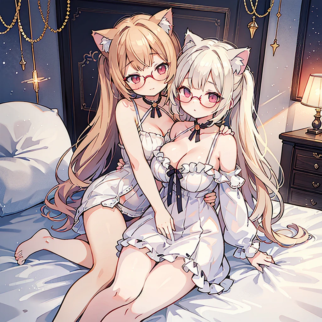 ((The best piece)),((​masterpiece)), (ultra-detailliert), (illustratio), (Detail light), (very cute and beautiful),(beautifully detailed eyes),cute  face,Light golden hair,short twintails,Red eyes,cat ear,,loli boobs,laull breasts,Show  cleavage,Pretty unde the bed,Wearing glasses,Snuggle up,lesbian,french kissing,motheaughter,