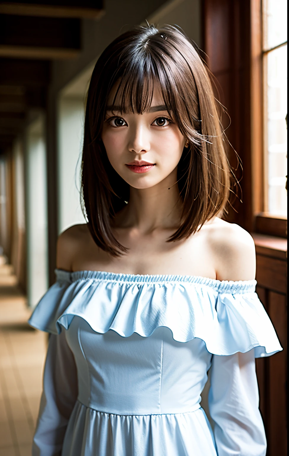 (((parted bangs, medium hair))), best quality, 8K, HDR, highres, absurdres:1.2, blurry background, bokeh:1.2, Photography, (RAW photo:1.2), (photorealistic:1.4), (masterpiece:1.3), (intricate details:1.2), 1girl, solo, chinese girl, delicate, beautiful detailed, (detailed eyes), (detailed facial features), petite, (((small breasts))), skin tight, ((looking_at_viewer)), from_front, (skinny), (best quality:1.4), (ultra highres:1.2), cinema light, (extreme detailed illustration), (lipgloss, best quality, ultra highres, depth of field, caustics, Broad lighting, natural shading, 85mm, f/1.4, ISO 200, 1/160s:0.75), (((white off-shoulder dress))),