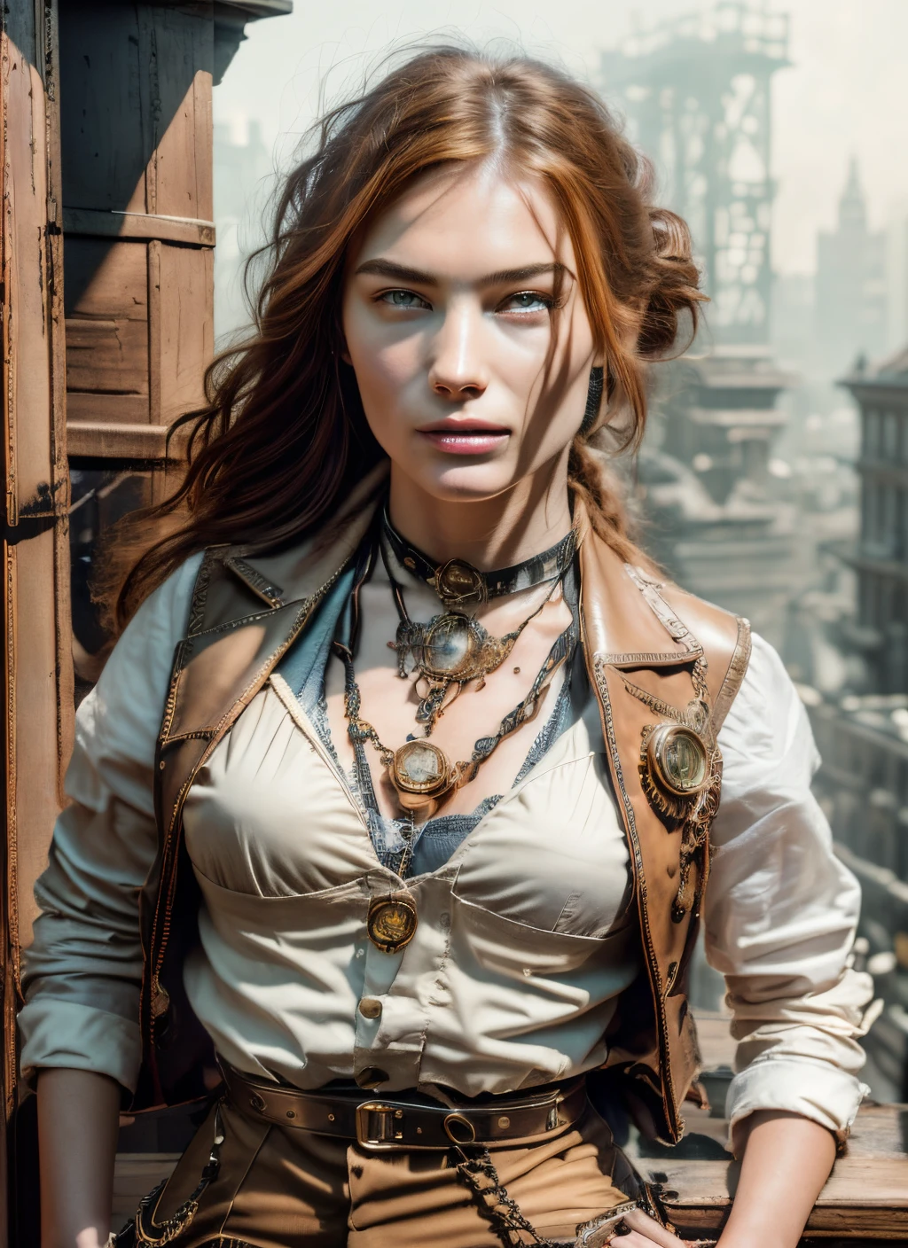 masterpiece, hyper realistic, detailed, best quality, award-winning photo, gorgeous sexy young woman, 20 years old, dark auburn hair in braid, outdoors, steampunk city, steampunk 1890s new york city, wearing buttoned waistcoat jacket, cleavage, tight white button shirt, tight leather jeans, small breasts, smaller breasts, super detailed, beautiful and aesthetic, beautiful, masterpiece, best quality, raw, masterpiece, super fine photo, best quality, super high resolution, photorealistic realism, amazing beauty, dynamic pose, vibrant eyes, (from the front), detailed face, detailed complex busy background, messy, gorgeous, highly detailed skin, realistic skin details, sharp focus, 8k uhd, DSLR camera, high quality, photo realism, lomography, huge metropolis in 1890s steampunk city, translucent