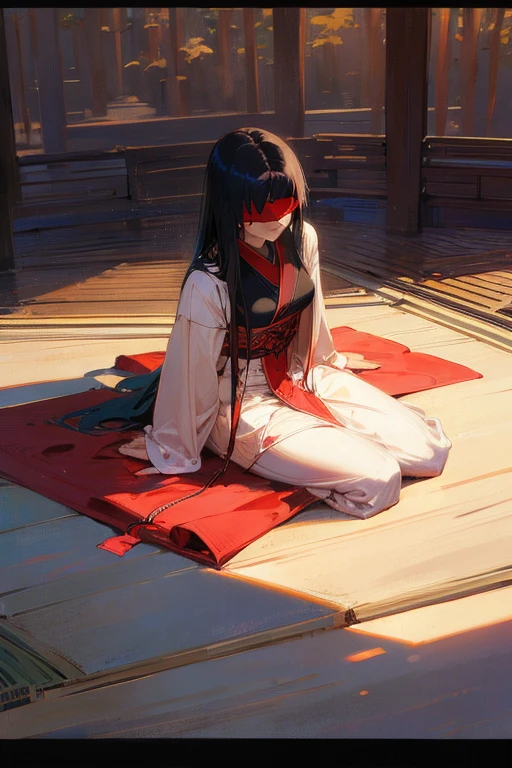 A woman wearing long elaborate silk robes and a blindfold with floor length black hair sitting in a pagoda in a traditional asian garden