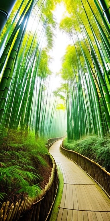 In the refreshing and fresh bamboo forest after the rain:Bamboo is very high, Fog. Sall courtyard made ofbamboo, Beautiful artistic conception, Clear details, Ultrahigh definition, Ultra high resolution, Color matching
