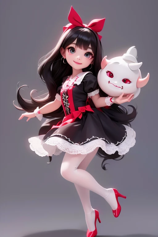 masterpiece, best quality, detailed face, a (horned demon girl) smiling, wearing a lace cloth dress, black hair, red smokey eyes makeup, (hair ribbon), choke, earrings, white tights, red pumps, dramatic magic floating pose, (full body),