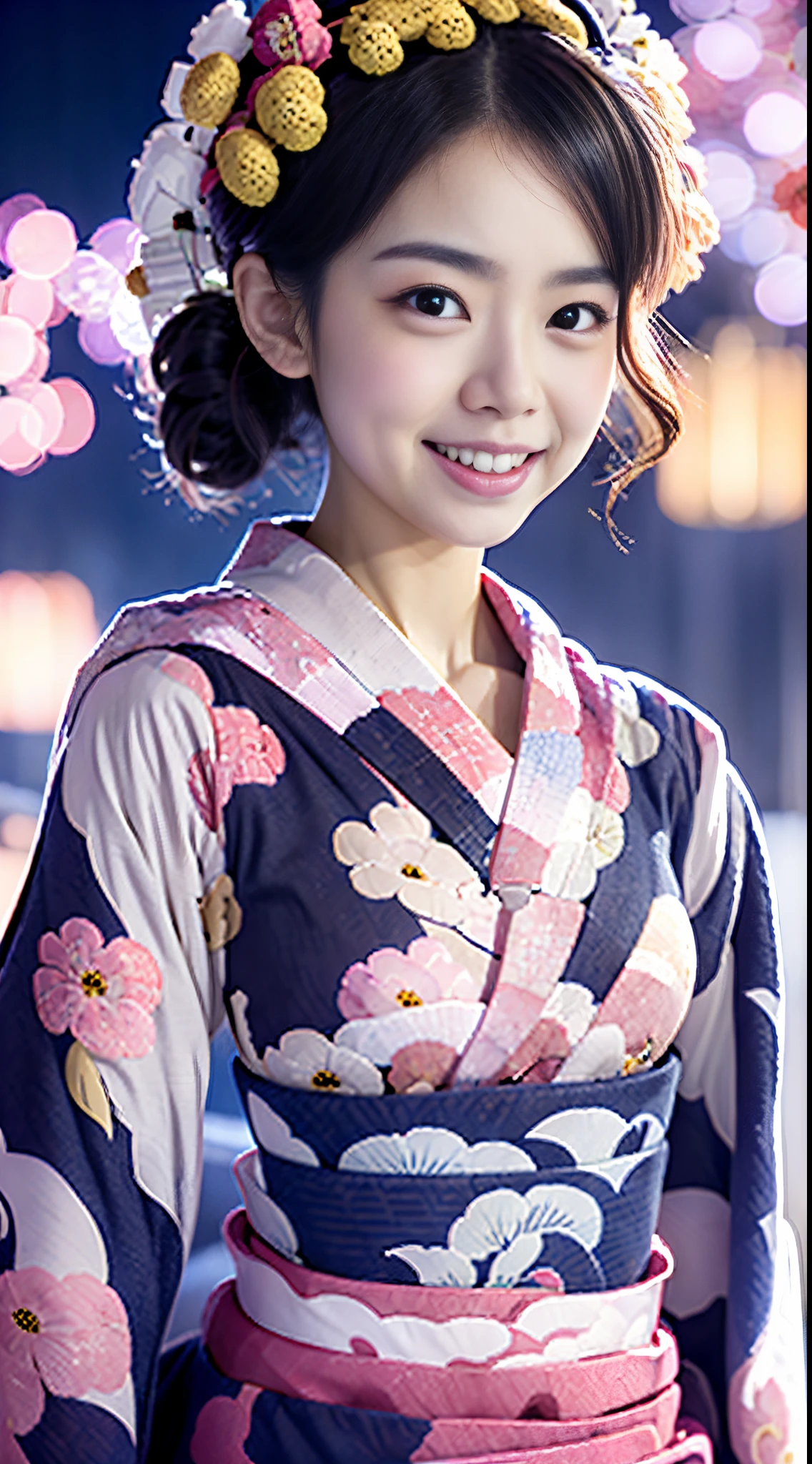 (girl with), Beautiful girl of the highest grade, Open mouth slightly, Realistic, extremely detailed CG unified 8k wallpaper, ighly detailed, High-definition raw color photos, professional photograpy, Realistic portrait, Cinematic Light, beautiful detailed women, 25-years old,  (small tits:1.1),  ((floral Yukata:1.5),  Outdoors, Night, (Best Quality:1.4), Super Detail, High quality, masutepiece、A city scape,