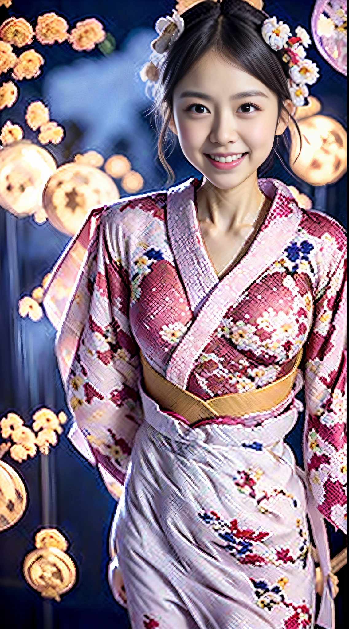 (girl with), ((Twin-tailed))、Beautiful girl of the highest grade, Open mouth slightly, Realistic, extremely detailed CG unified 8k wallpaper, ighly detailed, High-definition raw color photos, professional photograpy, Realistic portrait, Cinematic Light, beautiful detailed women, 25-years old,  (small tits:1.1),  ((floral Yukata:1.5),  Outdoors, Night, (Best Quality:1.4), Super Detail, High quality, masutepiece、A city scape,Light in the eyes、Looking at the camera、