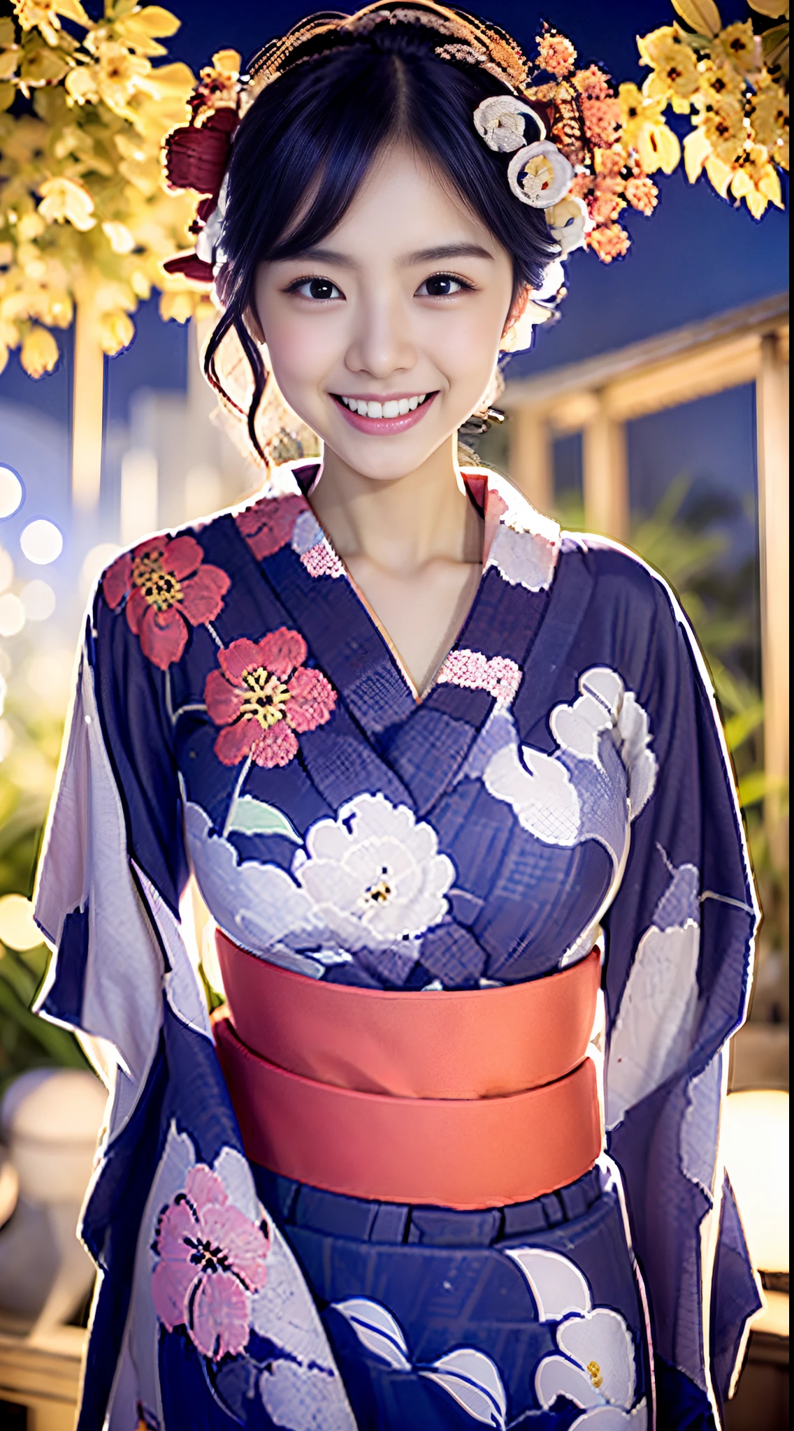 (girl with), Beautiful girl of the highest grade, Open mouth slightly, Realistic, extremely detailed CG unified 8k wallpaper, ighly detailed, High-definition raw color photos, professional photograpy, Realistic portrait, Cinematic Light, beautiful detailed women, 25-years old,  (small tits:1.1),  ((floral Yukata:1.5),  Outdoors, Night, (Best Quality:1.4), Super Detail, High quality, masutepiece、A city scape,