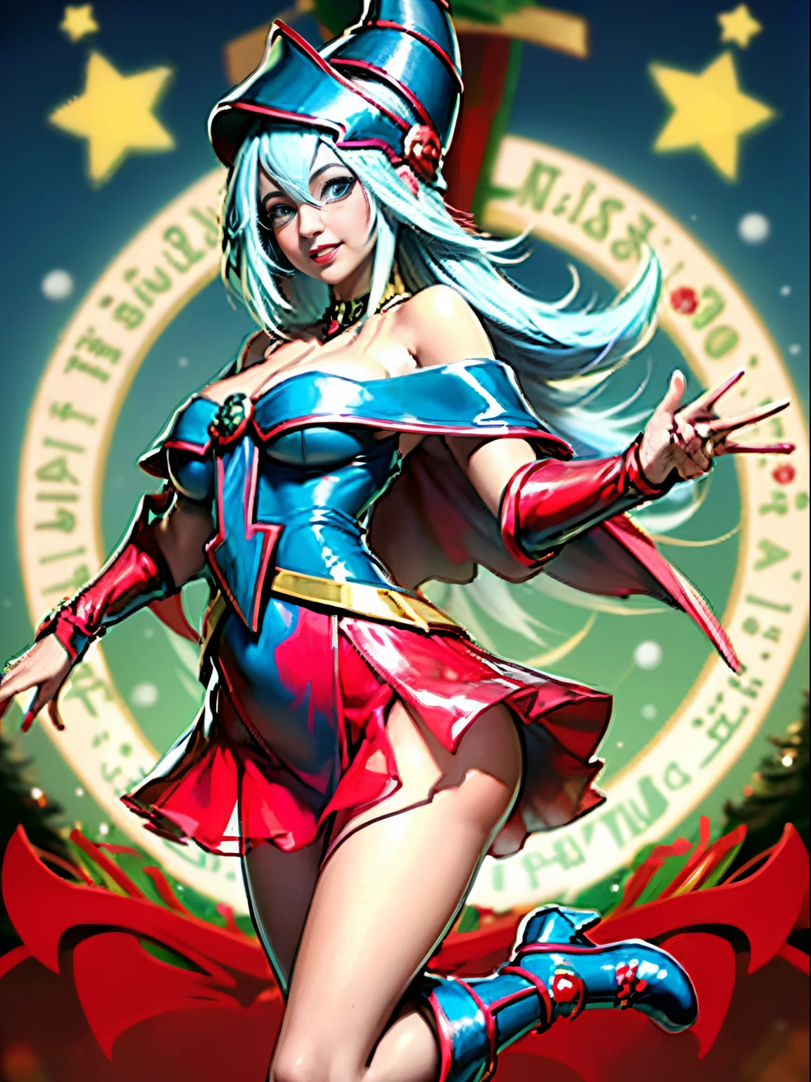 Dark magician gils con vestido rojo,((see through)), extremadamente detallado, rubio,(((Mini falda diminuta))), ((skirt lift)),(((tanga visible))),Sonriendo, ojos azules, realista, tacones rojos, (((Navidad))), escote, ((christmas tree, Regalos)), cabello rubio, Corazones de Magia.