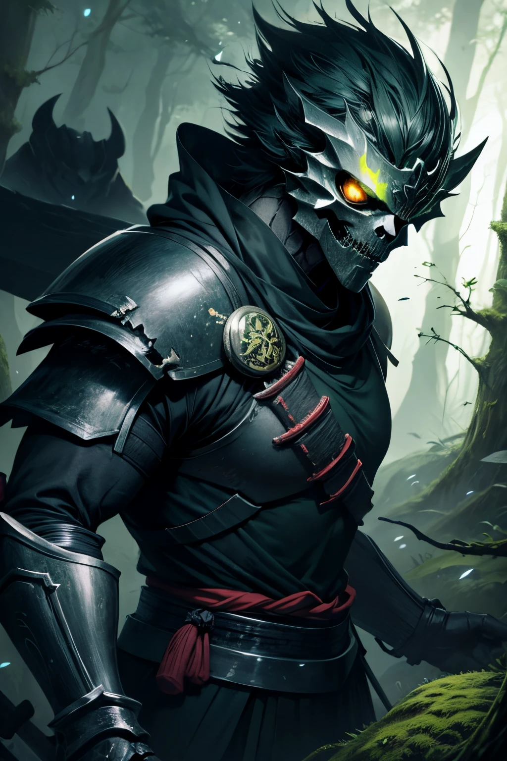 Realistic anime style, from the front, skeleton, bright yellow eyes with a black background, full samurai armor, black and dark green armor full of moss and broken, in the middle of a dark forest.