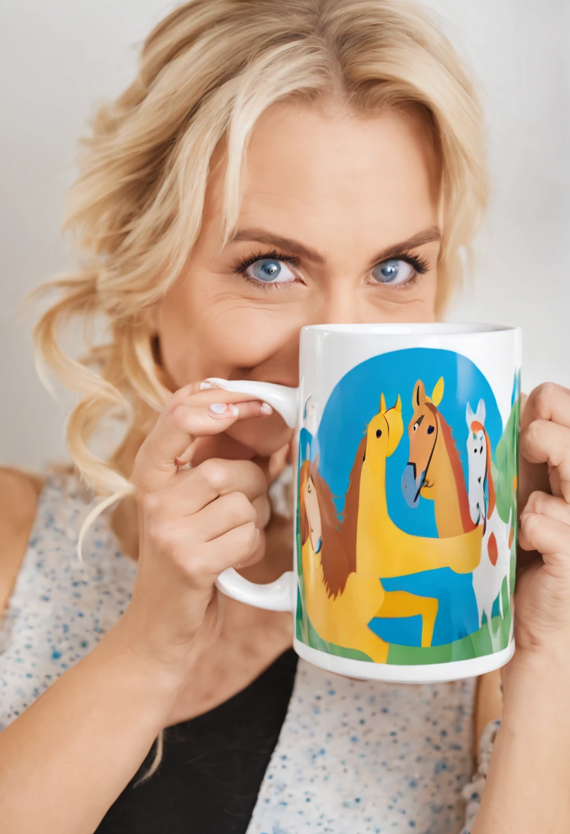 Holding in her hands, a tall white printed mug, the mug has a funny pictured on it, the cute lady in her 30's, blond hair and pony tail, big smile, bright blue eyes, holds this large printed mug, bright room, mug not too big