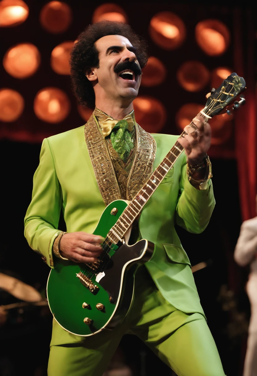 An image of Borat dressed as a rockstar, shredding the guitar on stage in front of a wild crowd,original,His appearance is marked by a distinctive mustache, a suit of gray or brown, and often a bright green thong swimsuit. He exhibits a strong Kazakhstani accent, and his humor derives from his outrageous statements and actions, which often satirize society’s stereotypes and cultural norms. Despite his outlandish persona, the character is meant to challenge viewers by exposing prejudices and hypocrisies in a comedic way.