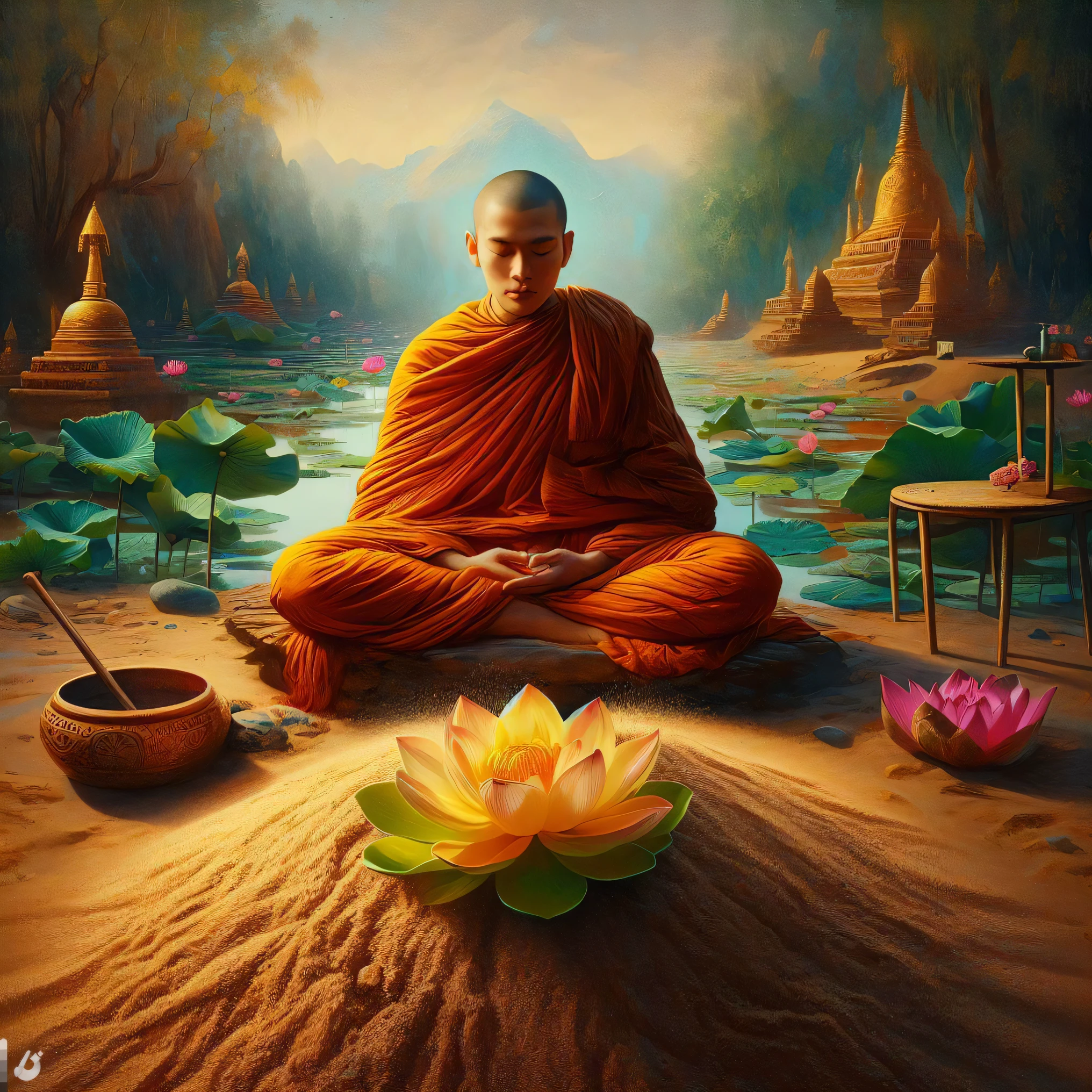 painting of a monk sitting in a lotus position with a bowl of water and a bowl of lotus flowers, monk meditate, buddhism, buddhist monk meditating, sitting on a lotus flower, hindu stages of meditation, buddhist, meditating, meditation, on path to enlightenment, zen meditation, monk, buddhist monk, spiritual enlightenment, on the path to enlightenment