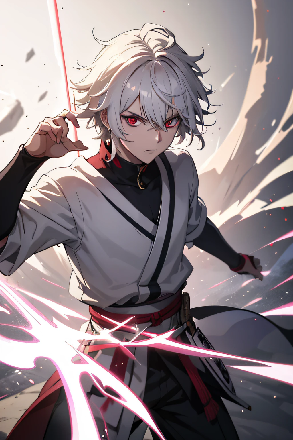 anime boy, teenager, looking me, pure white hair, serious, red eyes, samurai, anime, messy hair, light brown skin, best shade, best quality, Volumetric, Beautiful Lighting, dynamic pose, 8k --v 4