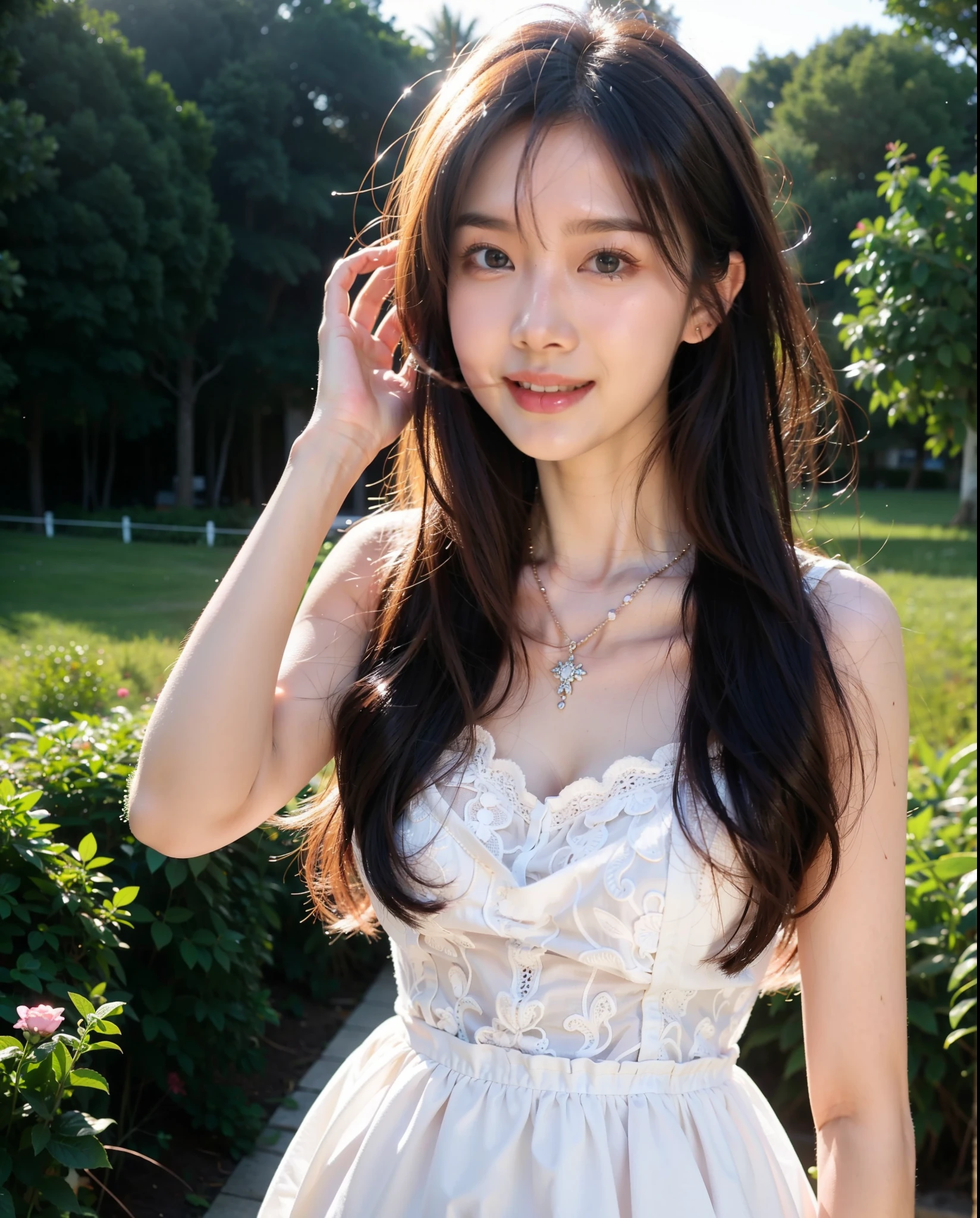 A beautiful Japanese shy girl, 18 years old, short brown hair, brown big eyes, shiny lip, shiny hair, ecstatic expression, in living room, in front of huge window, light shine in, The background is very blurry, wearing sleeveless strapless frilly white clothes, wearing neckless,