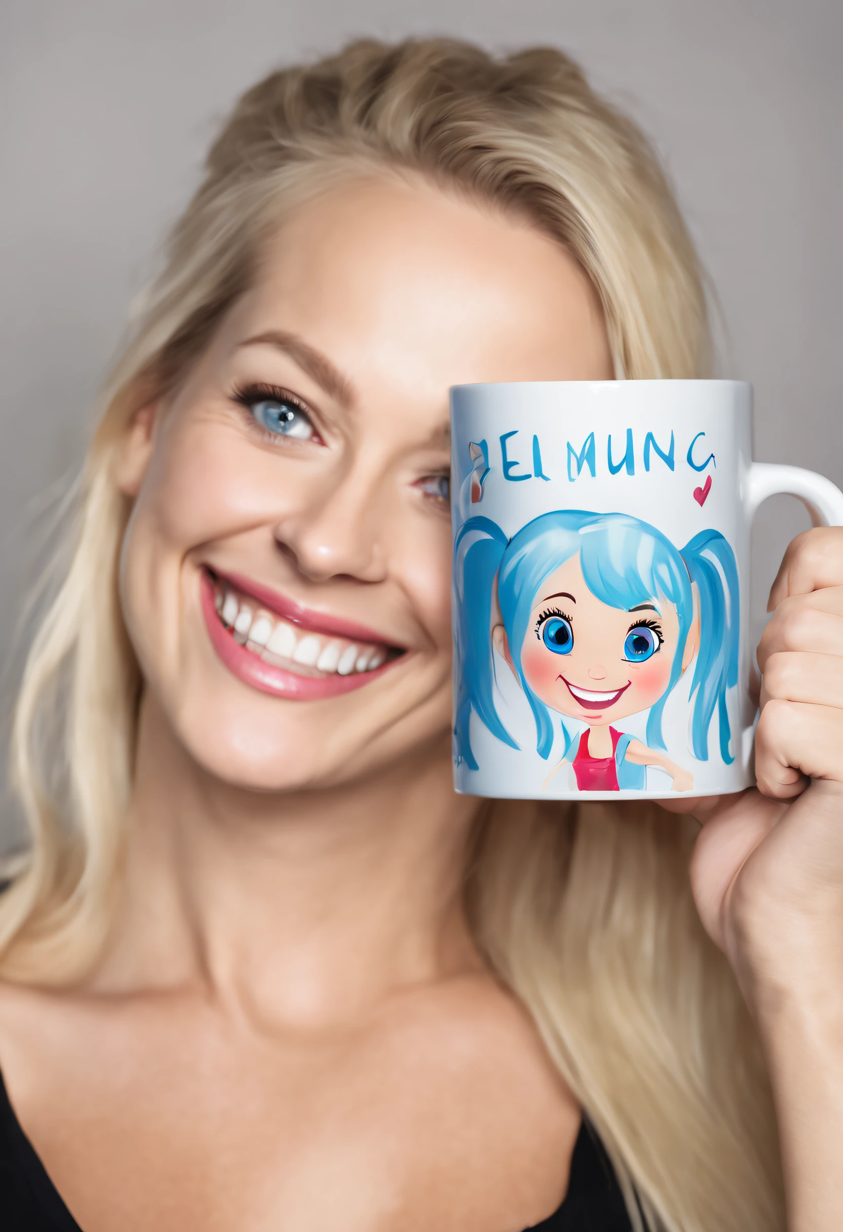 Holding in her hands, a tall white printed mug, the mug has a funny pictured on it, the cute lady in her 30's, blond hair and pony tail, big smile, bright blue eyes, holds this large printed mug, bright room, mug not too big