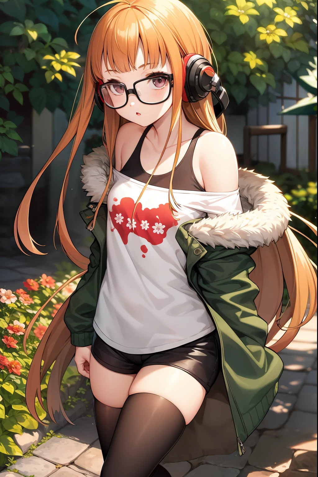 masterpiece, best quality, highres,
1girl, futabasakura, blunt bangs, glasses, black-framed eyewear, ahoge, small breasts,
glasses,  headphones, behind-the-head headphones, white shirt, jacket, off shoulder, fur trim, fur-trimmed jacket,  green jacket, shorts, thighhighs, boots,
 cowboy shot, garden, flowers, trees, golden hour,