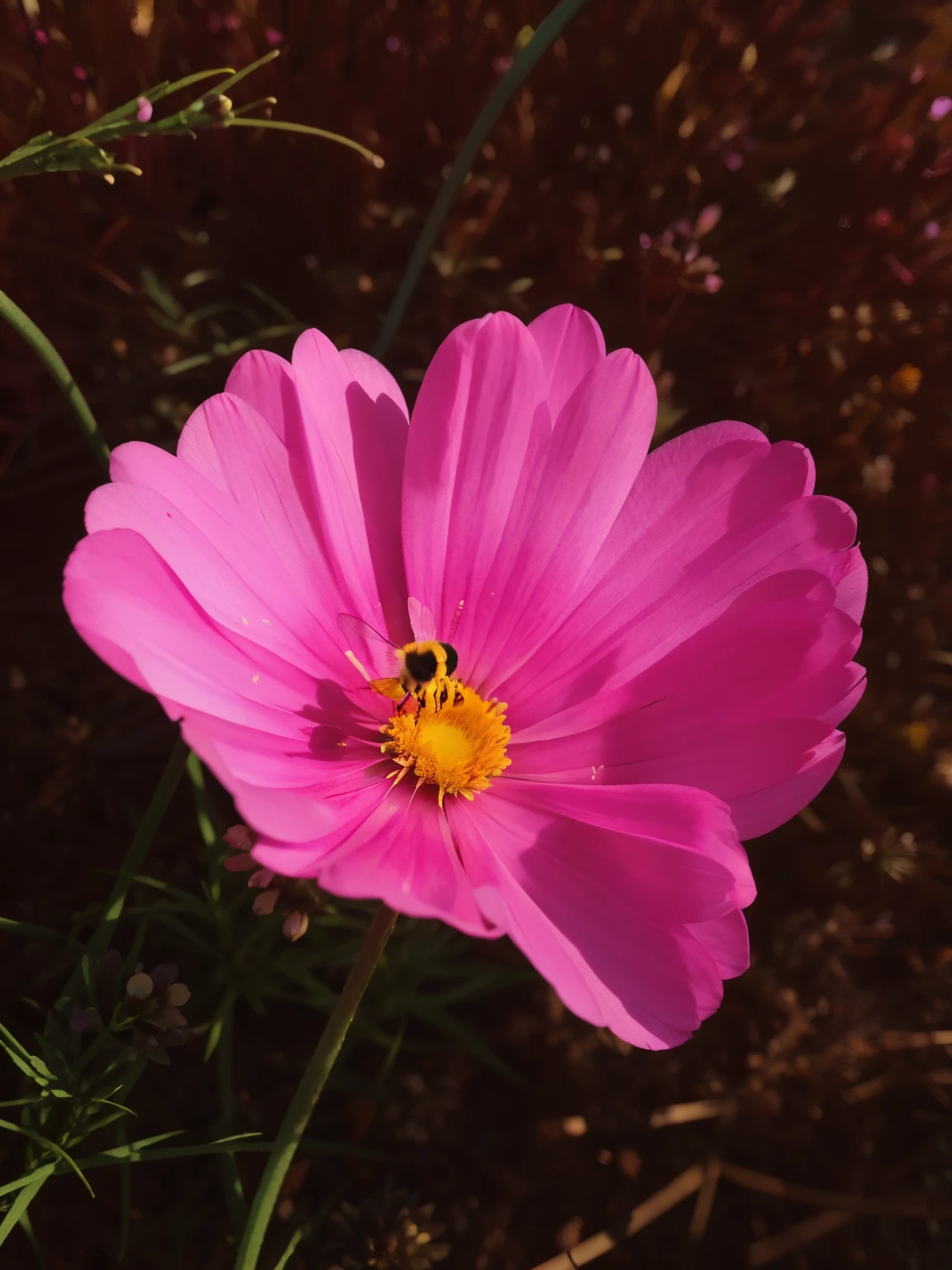 Close up a bee on a pink flower, miniature cosmos in the background, sunny morning light