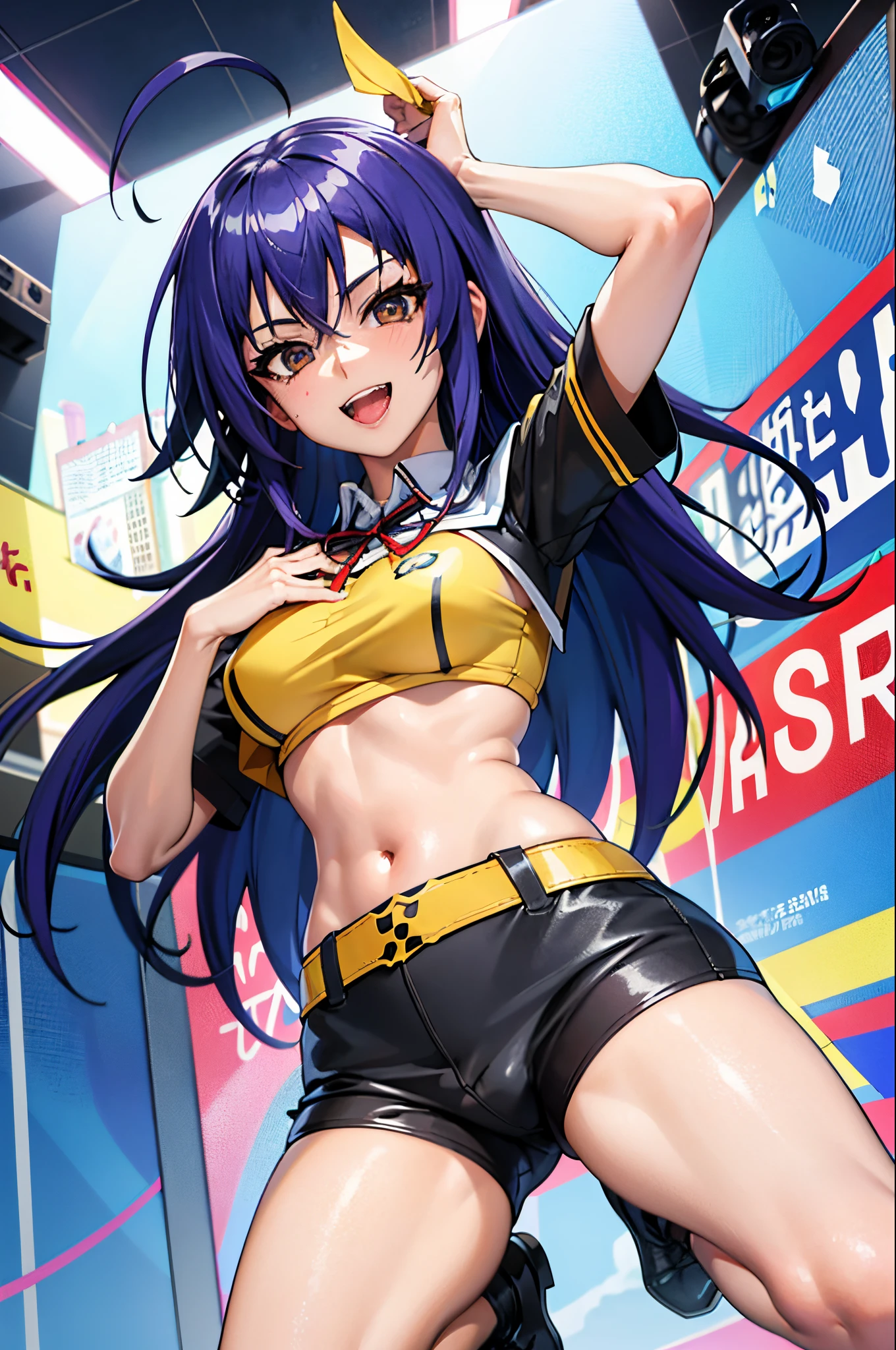 best quality, master part, retrato, 1girl, Kurokami Medaka, olhos vermelhos, cabelos azuis, cabelos longos, Ahoge, seios grandes, Uniforme escolar, recorte de clivagem, recorte de roupas, saia plissada, sala de aula, Olhando para o Viewer, sorrir,