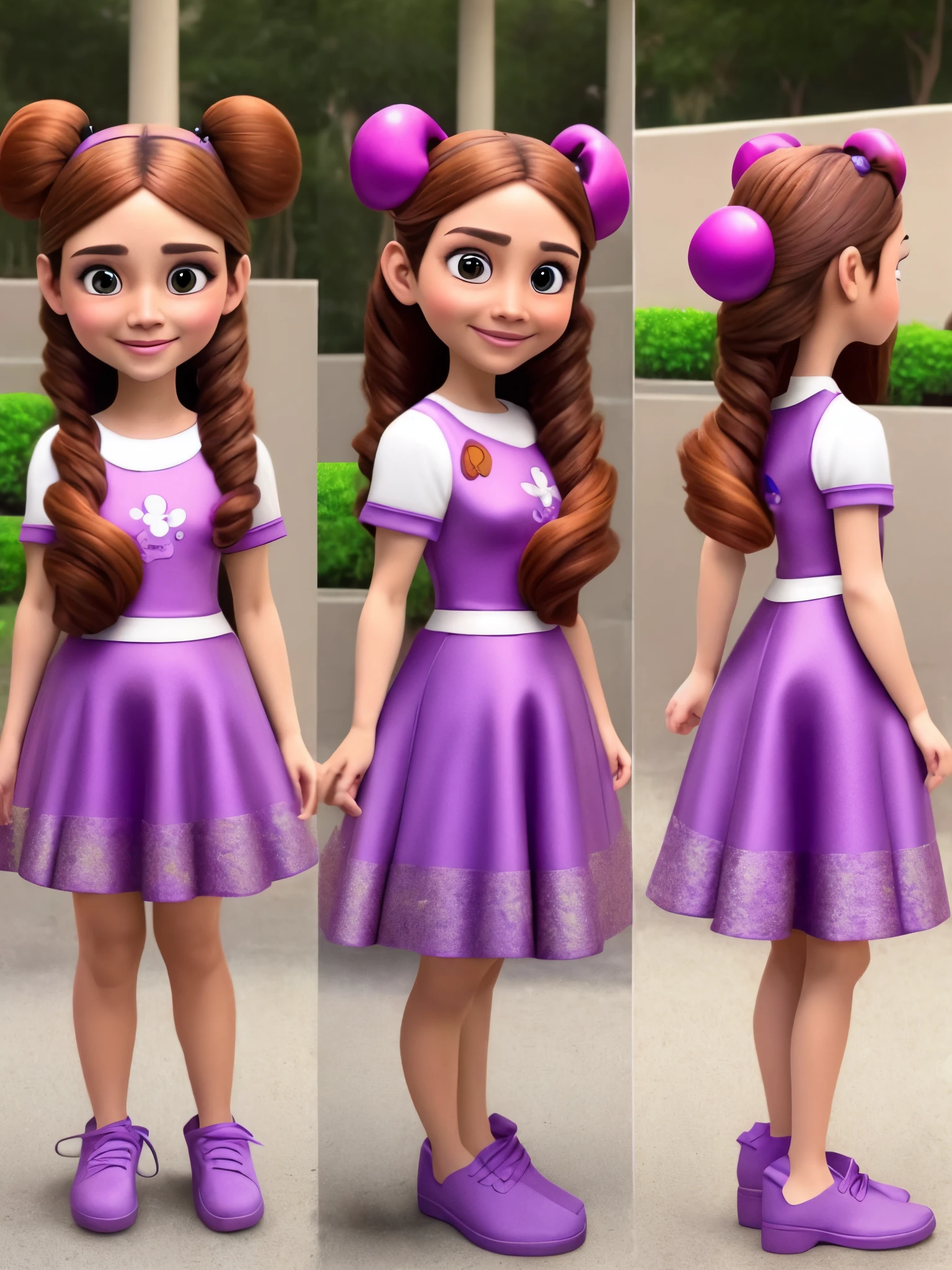 Modelo disney pixar cartoon Menina de cabelo marrom liso e vestido roxo