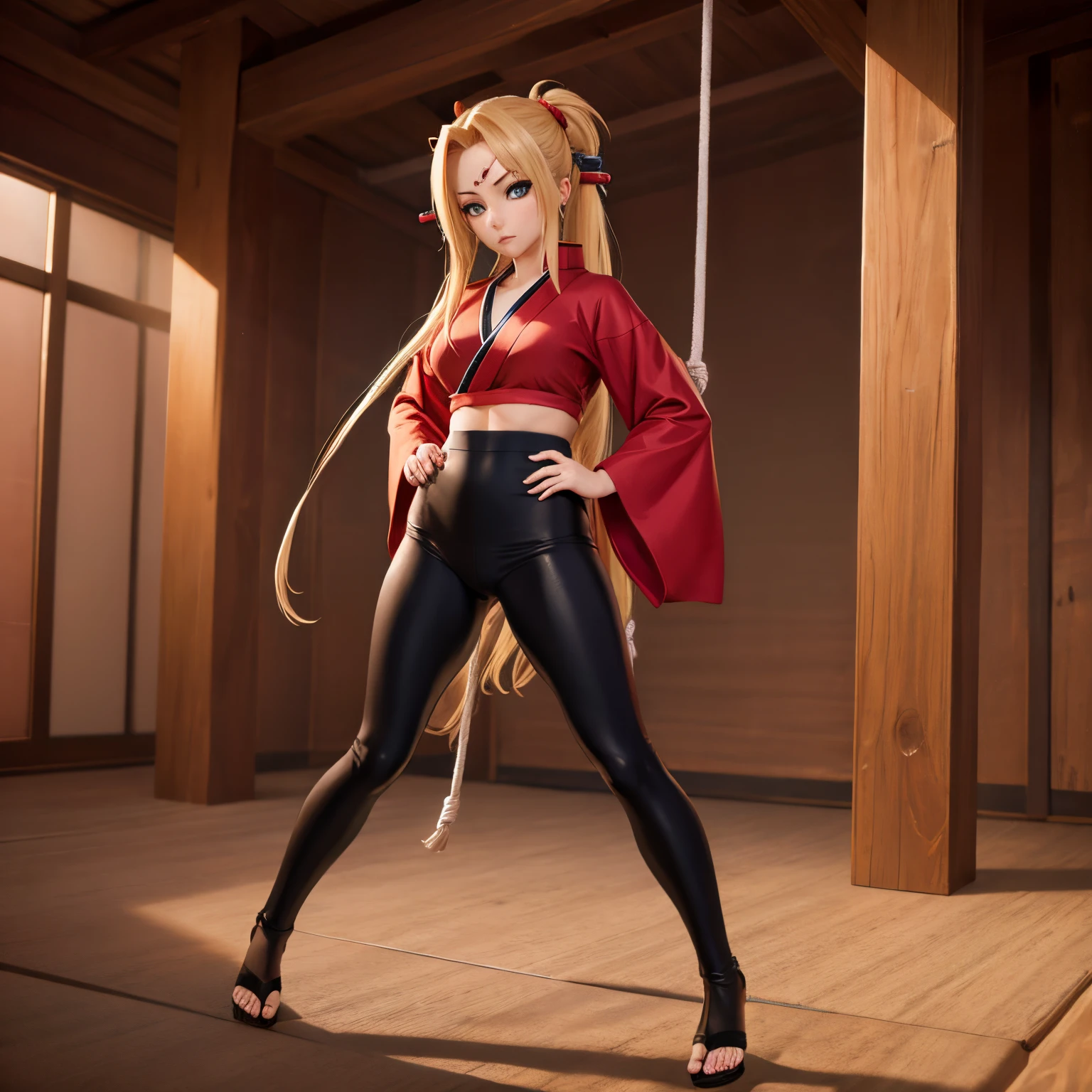 Tsunade from naruto, wearing high wisted leggings, standing on rope