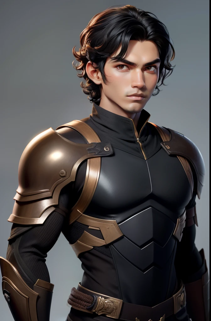 masterpiece, best quality, 1 boy, brown skin, black hair, wavy hair, short hair, Indonesian, black ninja clothes, simple background, solo, upper body
