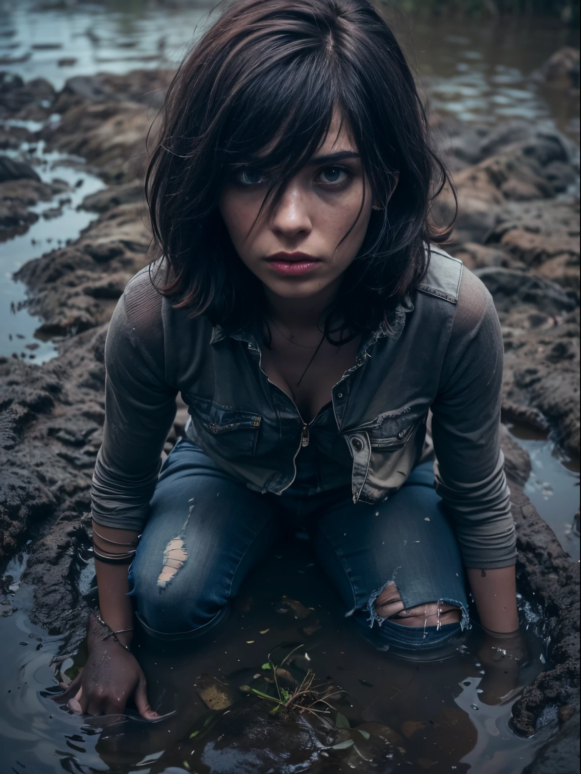 (Best Quality,hight resolution,Masterpiece:1.20),Ultra-detailed,The woman,Wide flares on jeans,sickly,drowning in a swamp,standingn:1.2, overcomes shame:1.3,gloomy ecstasy,dark gloomy atmosphere,gritty texture,melancholic expression on his face,mysterious aura,foggy background,Subtle color palette,provocative pose,Strong emotions,Coming Out of the Depths of Despair,Piercing gaze,intense shadows,Plunged in Darkness,Rugged terrain,ominous vibe,A supernatural sensation,asymmetrical bangs, freckles, pink short hair, Bangs, freckles, gray eyes,