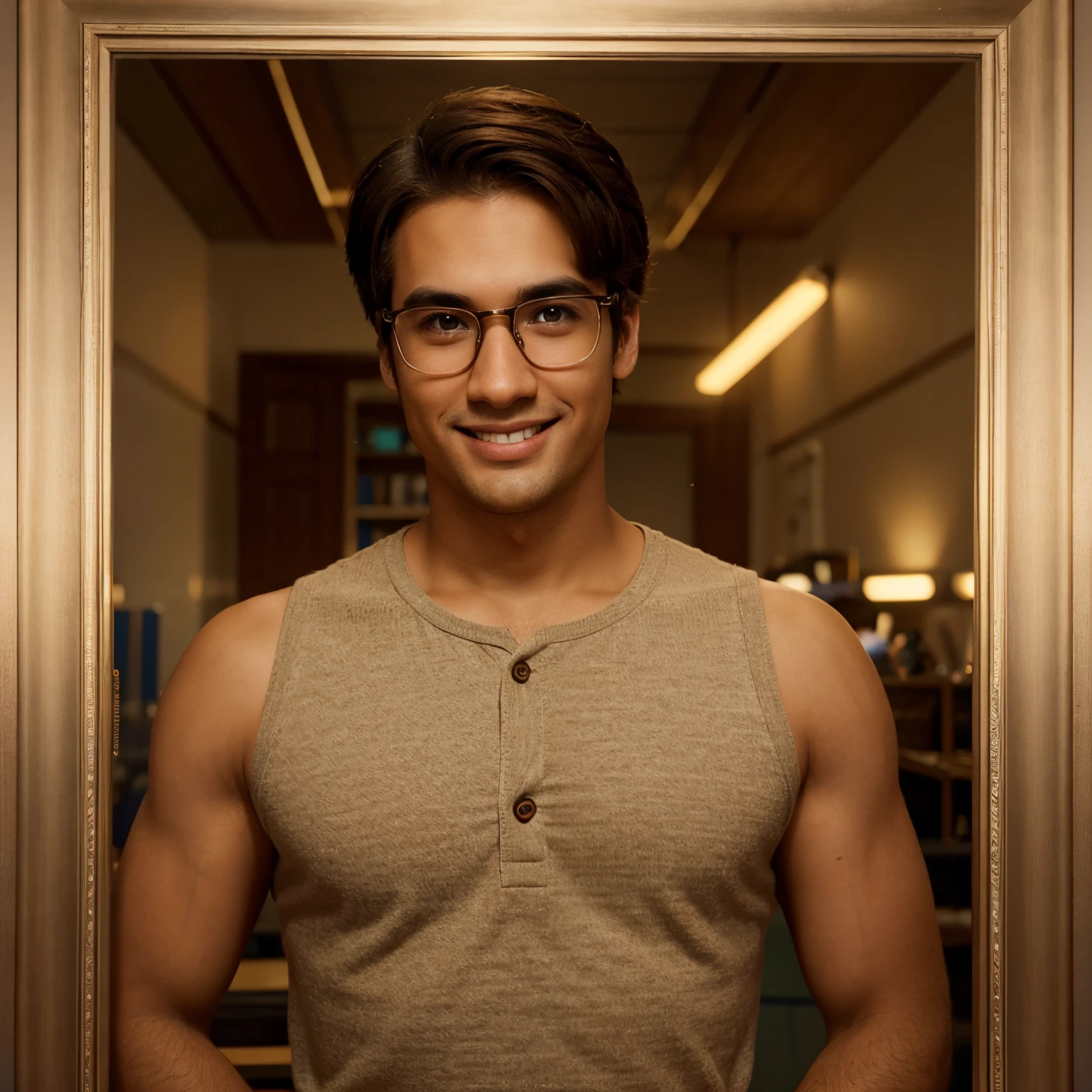 A disney pixar movie poster with a smiling 27 year old male maths teacher with caramel skin tone, fluffy shoulder length dark brown hair, wearing rectangle shaped non framed glasses, big brown eyes, thick eyebrows & wearing a complete suit