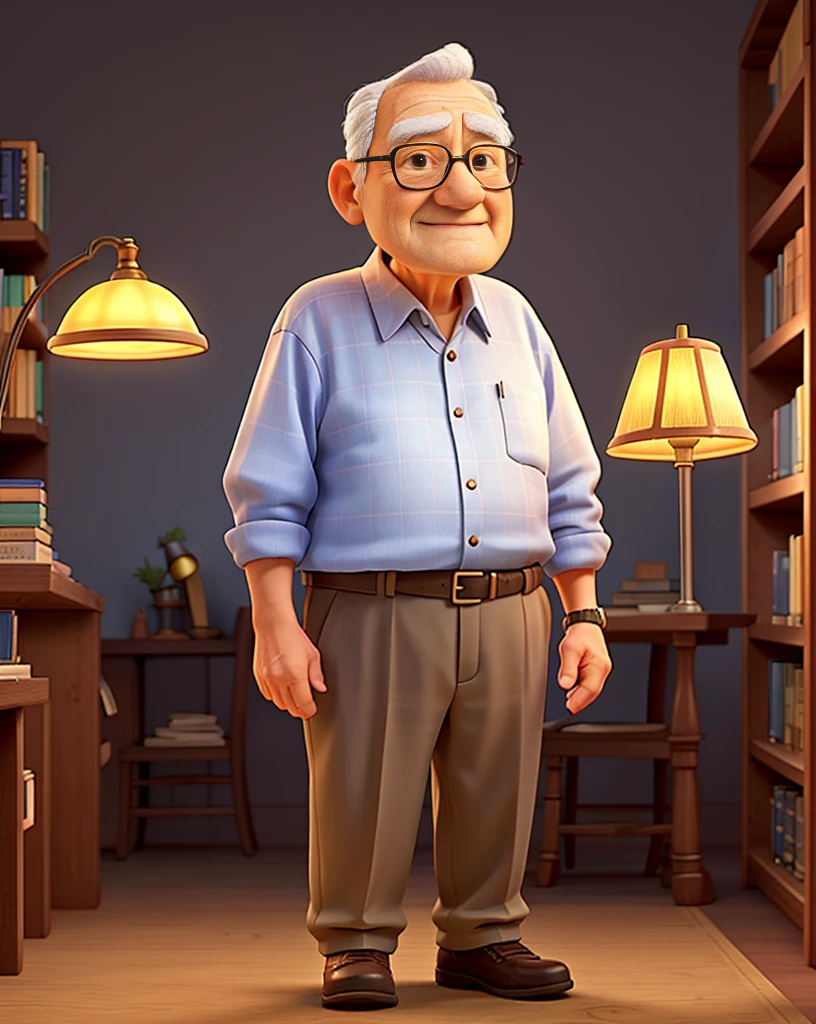 A wise old man standing in front, illuminated by the light of a lamp, against the backdrop of a library