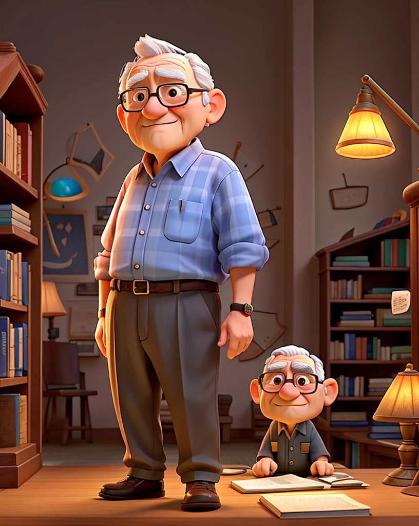 A wise old man standing in front, illuminated by the light of a lamp, against the backdrop of a library