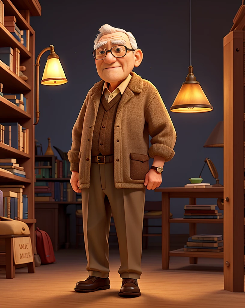 A wise old man standing in front, illuminated by the light of a lamp, against the backdrop of a library