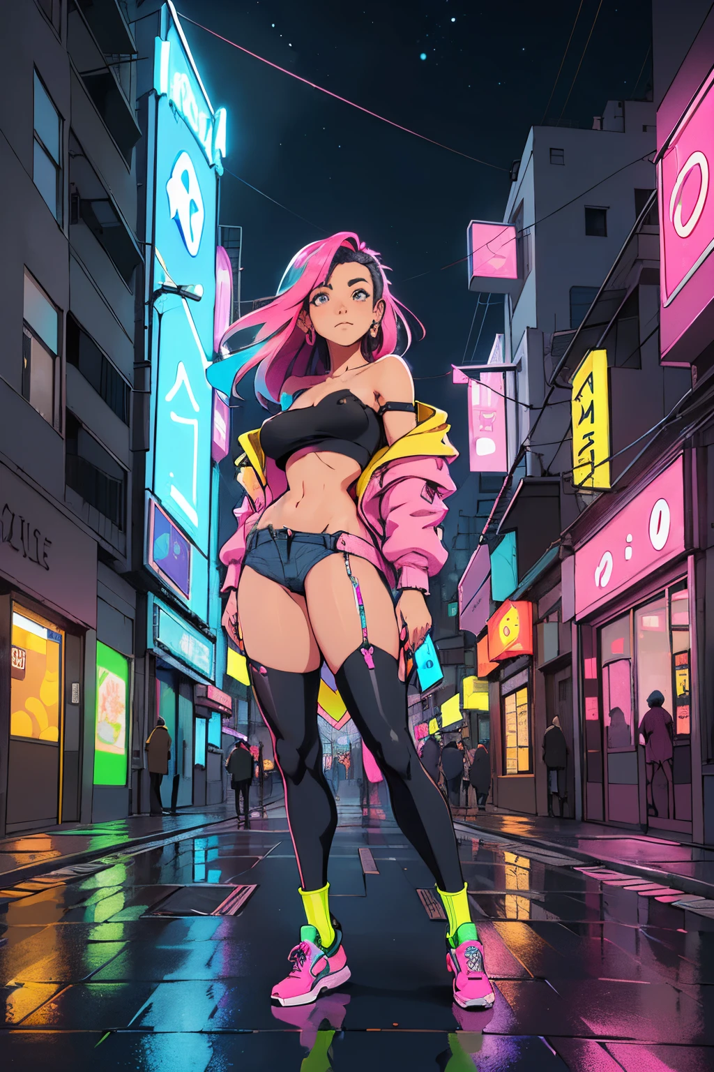 (obra-prima, 4k, ultra detalhado: 1.2), (anime: 1.2), illustration, (realista: 1), (fotorrealista: 1),
(solo:1.2),
(caminhando:1),
(panorama,perspectiva:1.4),(olho de peixe:1.2),
(paisagem, ao ar livre, paisagem urbana, noite, meia-noite, telhado, cyberpunk, asfalto, chuva, arte graffiti, reflection, loja, quiosque, sidewalk, beco: 1.2), (sky scraper, nevoeiro: 1.4),
(pedestre, crowd, pessoas: 1.3),
(neon sign, neon blue, neon pink, Yellow neon: 1.4),
(Off-shoulder neon trench jacket, cargo pants, sneaker: 1.3, nsfw seio nu, nsfw mostrando os seios),
(cabelo branco platina, rabo de cavalo: 1.2, pele negra), (supermodelo: 1.4), (various hair colors),