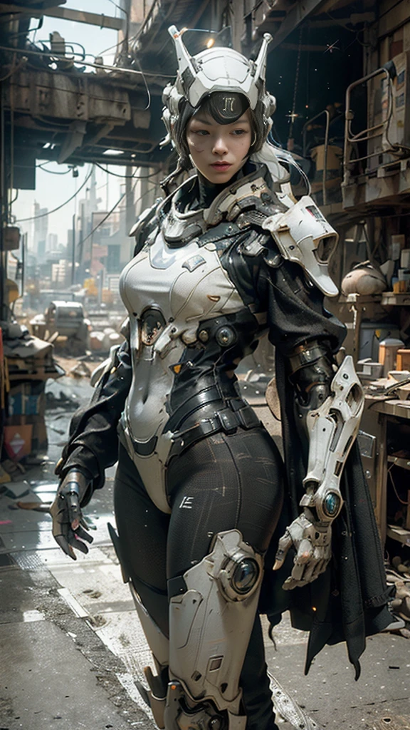 ((best quality)), ((masterpiece)), ((realistic)), (detailed), (photorealistic:1.5), a futuristic girl, (thick body), (white bodysuit), lights on armor, cybernetic headwear, looking at viewer, dynamic pose, post apocalyptic, destroyed city background, buildings on fire, science fiction, hdr, ray tracing, nvidia rtx, super-resolution, unreal 5, subsurface scattering, pbr texturing, post-processing, anisotropic filtering, depth of field, maximum clarity and sharpness, rule of thirds, 8k raw, (luminescent particles:1.4), (extremely detailed cg, unity 8k wallpaper, 3d, cinematic lighting, lens flare), reflections, sharp focus, cyberpunk art, cyberpunk architecture,