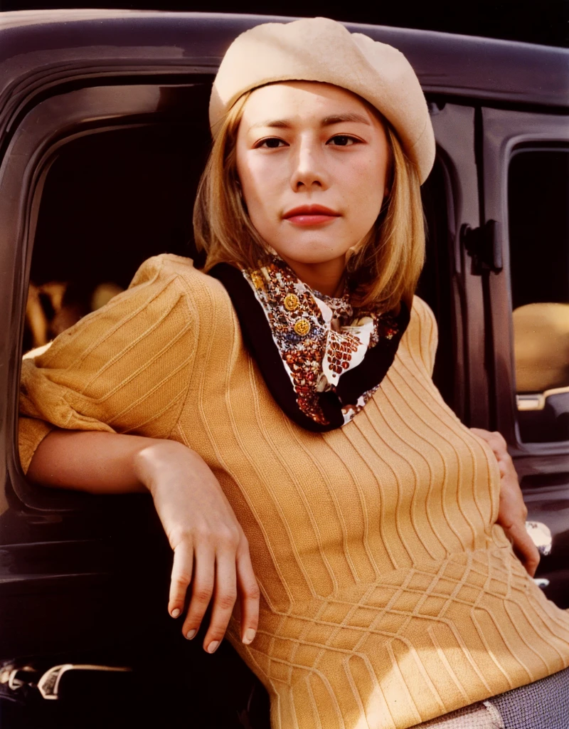 goyoonjung, blond goyoonjung in a hat leaning on a car door, 7 0 s style, seventies, color film photography 1970s, color 1970, 1970s fashion, martha rosler, femme, 1 9 7 0 s style, 1970s style, seventies cinestill, photo shot my martha cooper, smiling