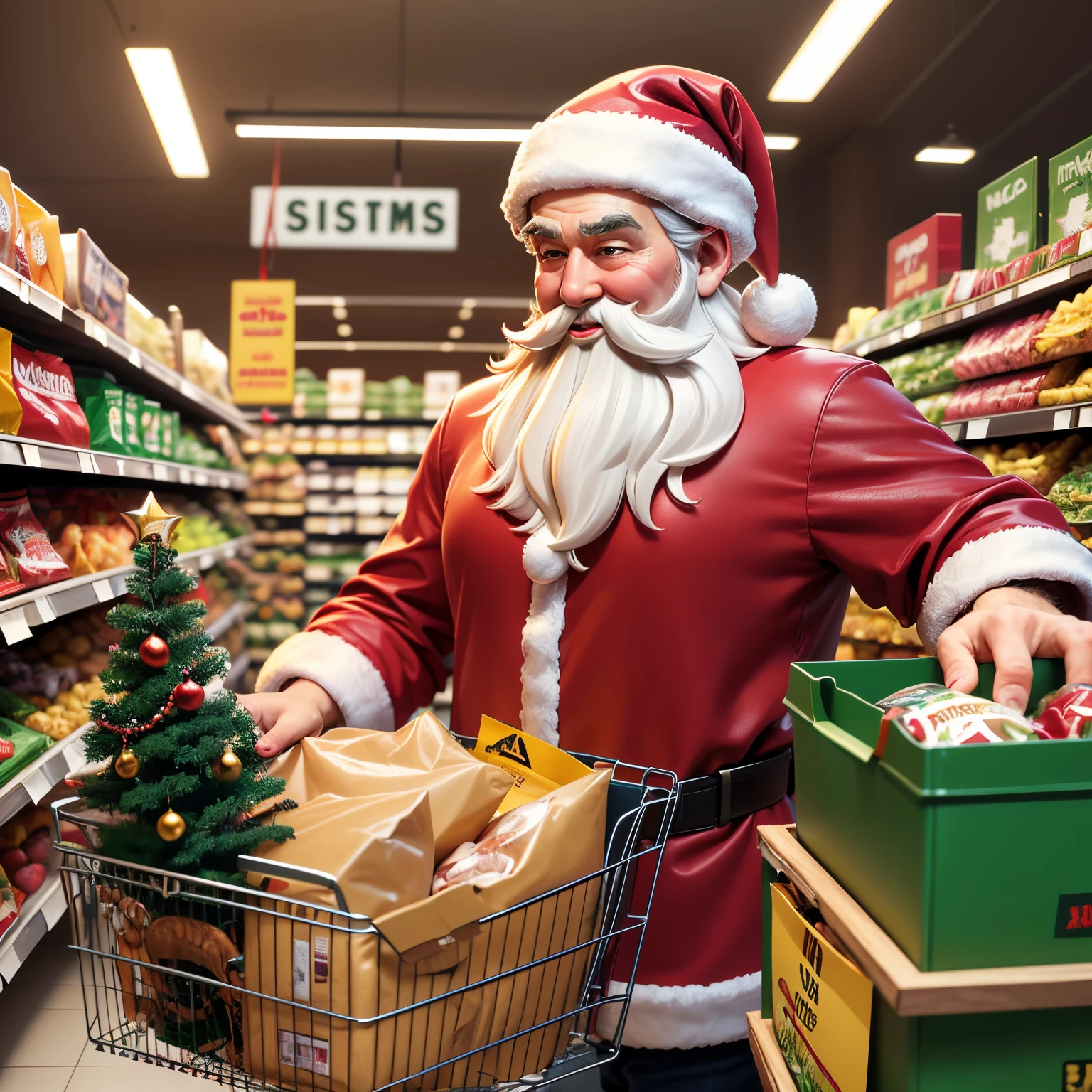 An ultra-detailed, high-quality (best quality, 4k, 8k, highres, masterpiece:1.2) prompt of a cheerful Santa Claus grocery shopping at the store, supermarket. The Santa Claus has detailed eyes and a joyful expression on his face. He wears a red and white Santa Claus costume with a big, fluffy white beard. The store is filled with colorful, festive decorations and vibrant holiday-themed displays. Shelves are stocked with various groceries, including fruits, vegetables, canned goods, and snacks. The aisles are well-lit with bright studio lighting, showcasing the products in their best appearance.

The supermarket has a warm and inviting atmosphere, with cheerful music playing in the background. The checkout counters are busy with other shoppers, creating a lively and bustling scene. Santa Claus is seen pushing a shopping cart filled with presents and groceries, spreading holiday cheer as he goes. The supermarket employees and other shoppers are smiling and interacting with Santa Claus, adding to the joyful atmosphere.

The color palette of the prompt is vibrant and festive, with reds, greens, and golds dominating the scene. The lighting is bright and well-balanced, enhancing the details and colors of the products and decorations. The prompt aims to create a realistic and photorealistic (realistic, photorealistic, photo-realistic:1.37) image of a cheerful Santa Claus grocery shopping during the holiday season.