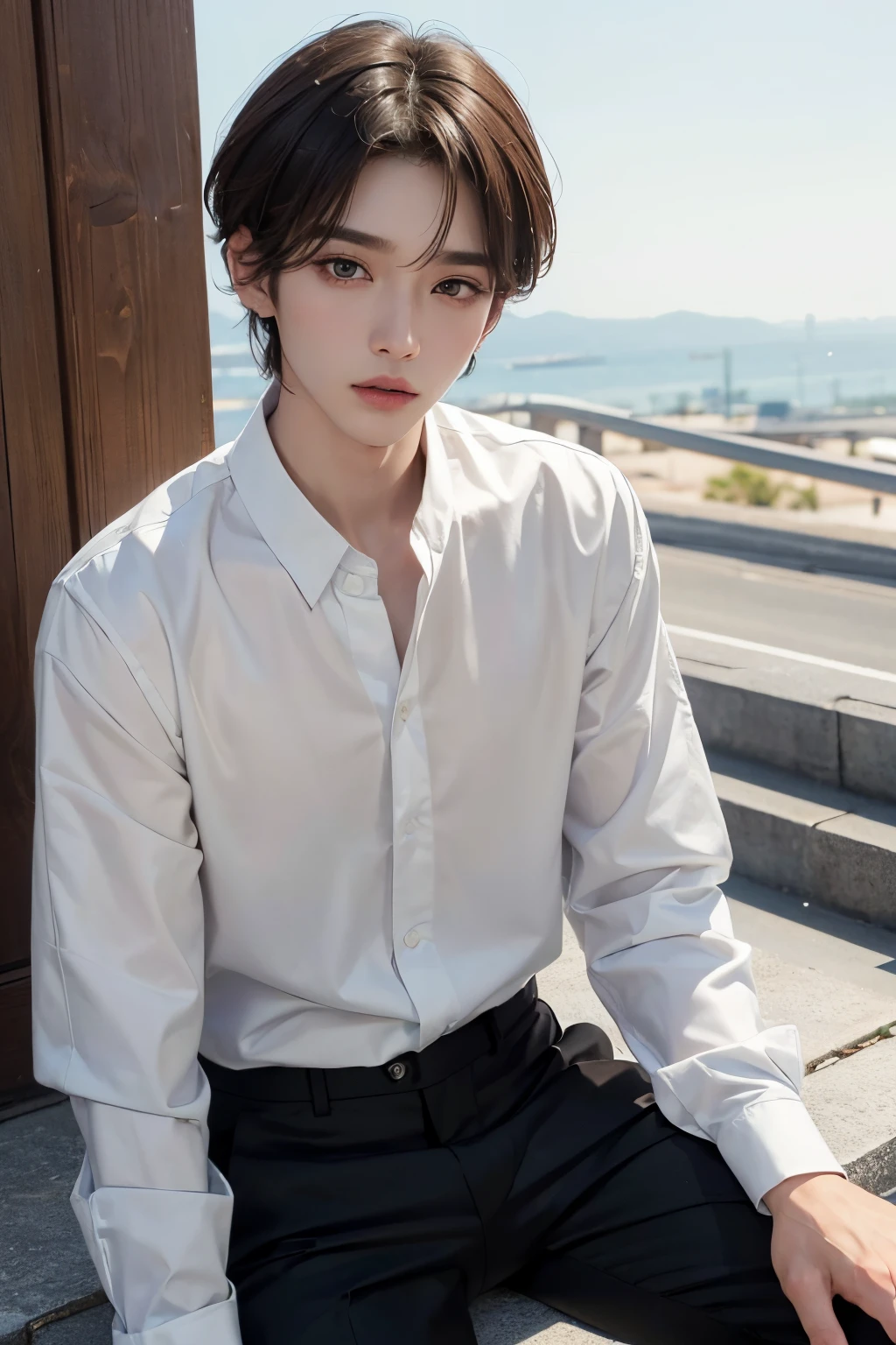 ​masterpiece、（top-quality)、((high-level image quality))、One Manly Boy、Slim body、((White Y-shirt and long black pants))、(Detailed beautiful eyes)、September Night Road、sitting on a curb、Face similar to Chaewon in Ruseraphim、((short hair above the ears))、((Smaller face))、((Neutral face))、((Light brown eyes))、((Korean boy))、((18year old))、((Handsome man))、((Wild look))、((Korean Makeup))、(