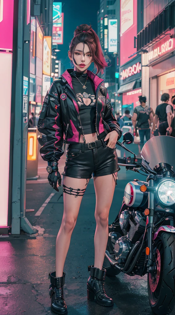 master part, best quality, Garota cyberpunk confiante, tiro de corpo inteiro, ((standing in front of the motorcycle)), Roupa pop inspirada em Harajuku, bold colors and patterns, Attractive accessories, penteado moderno e inovador, maquiagem vibrante, Paisagem urbana deslumbrante cyberpunk, skyscrapers, neon signs, luzes led, esquema de cores vivas e brilhantes, anime, illustration, Textura detalhada da pele, textura de pano detalhada, Rosto bonito e detalhado, detalhes intrincados, ultra detalhado.