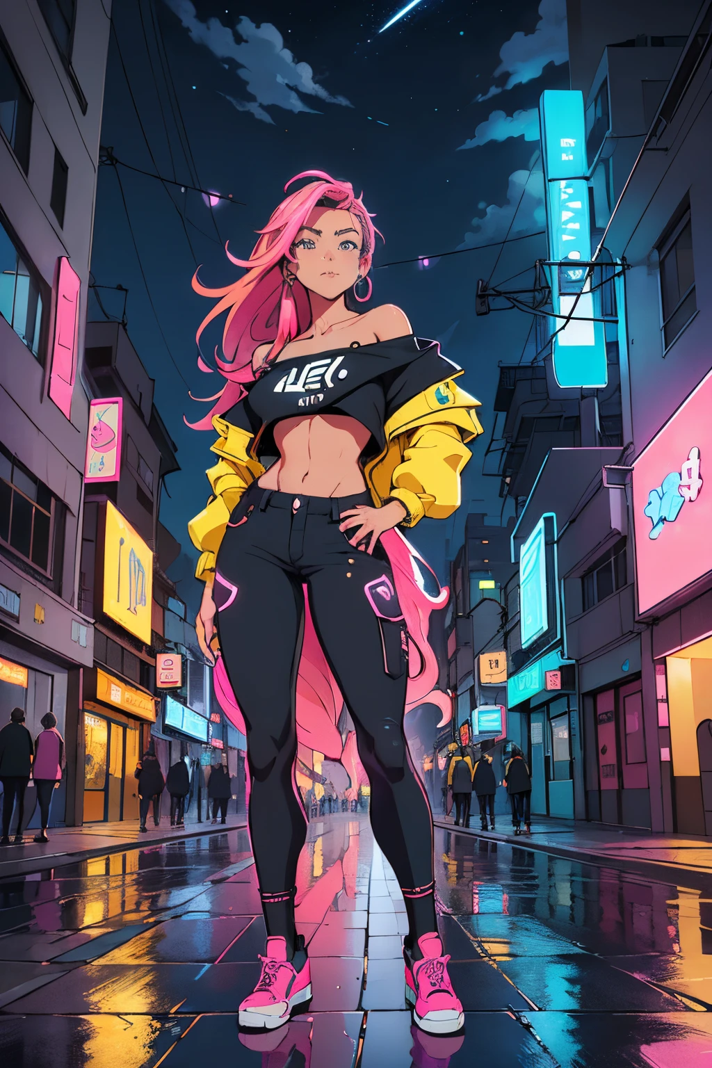 (obra-prima, 4k, ultra detalhado: 1.2), (anime: 1.2), illustration, (realista: 1), (fotorrealista: 1),
(solo:1.2),
(caminhando:1),
(panorama,perspectiva:1.4),(olho de peixe:1.2),
(paisagem, ao ar livre, paisagem urbana, noite, meia-noite, telhado, cyberpunk, asfalto, chuva, arte graffiti, reflection, loja, quiosque, sidewalk, beco: 1.2), (sky scraper, nevoeiro: 1.4),
(pedestre, crowd, pessoas: 1.3),
(neon sign, neon blue, neon pink, Yellow neon: 1.4),
(Off-shoulder neon trench jacket, cargo pants, sneaker: 1.3, nsfw seio nu, nsfw mostrando os seios),
(cabelo branco platina, rabo de cavalo: 1.2, pele negra), (supermodelo: 1.4), (various hair colors),