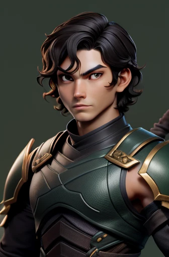 masterpiece, best quality, 1 boy, brown skin, black hair, wavy hair, short hair, Indonesian, black ninja clothes, green armor, simple background, solo, upper body