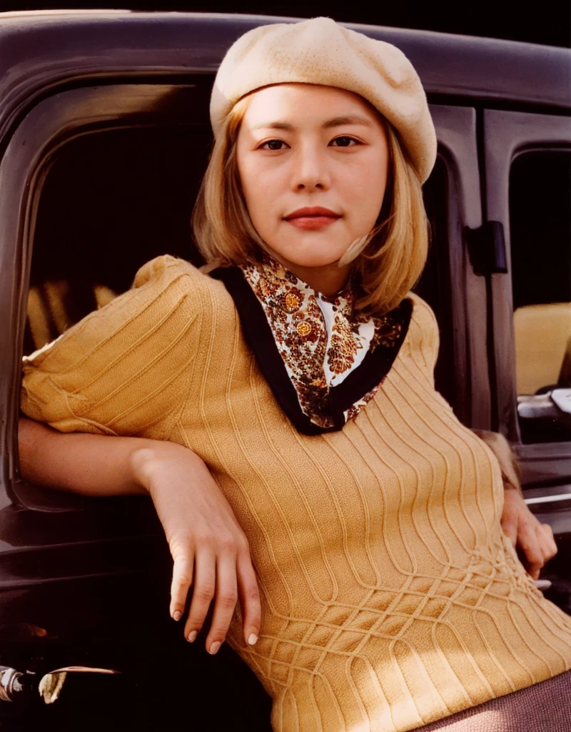 goyoonjung, blond goyoonjung in a hat leaning on a car door, 7 0 s style, seventies, color film photography 1970s, color 1970, 1970s fashion, martha rosler, femme, 1 9 7 0 s style, 1970s style, seventies cinestill, photo shot my martha cooper, smiling