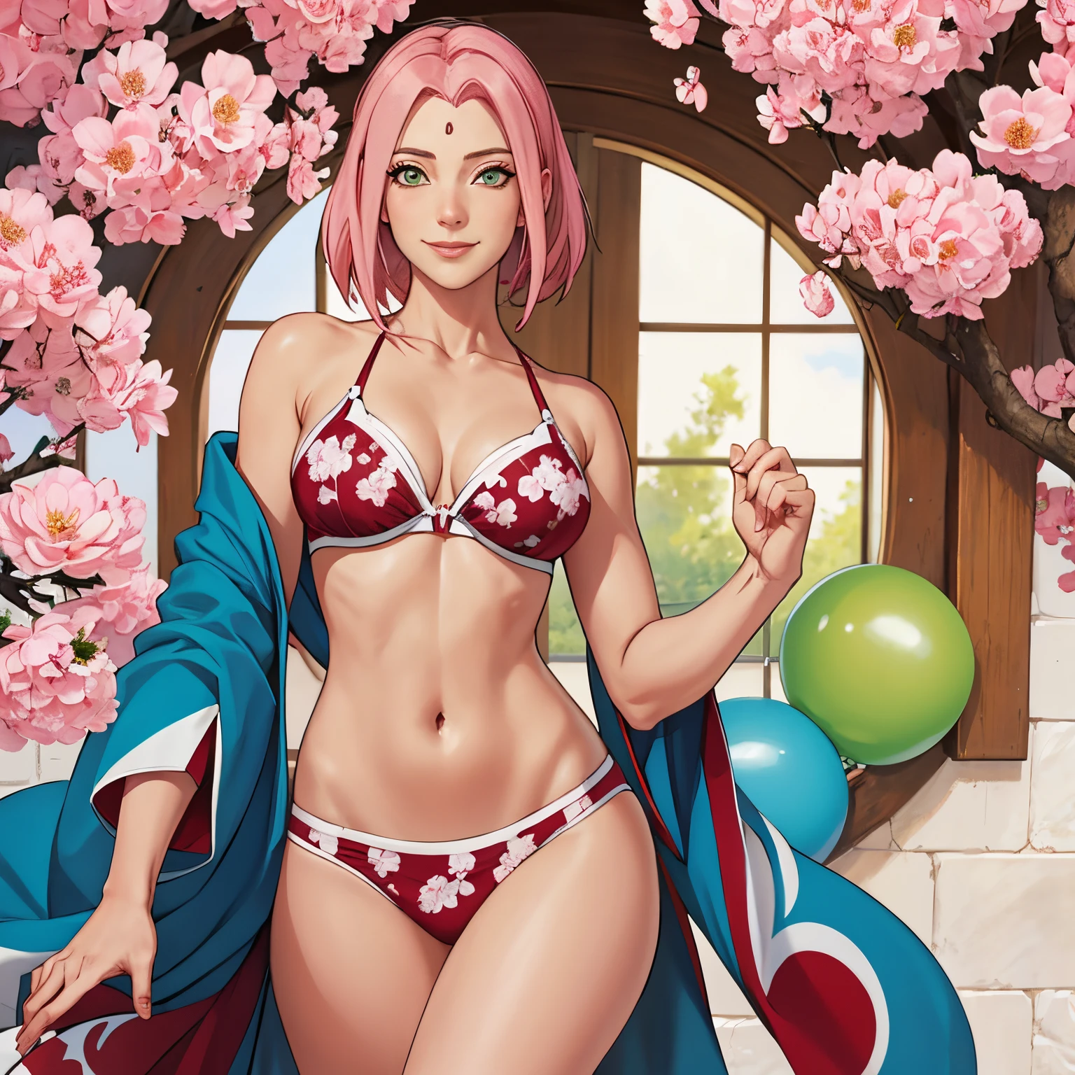 tmasterpiece， La mejor calidad en el mejor de los casos， 1girll， Sakura Haruno， senos grandes，Vestimenta fuera del hombro，（escote)，（Primer plano de la parte superior del cuerpo)，Criado sexy，is shy，smil，con cabello rosado， Pelo largo blanquecino， （Globos oculares verdes:1.4)， Forehead protection， Los cerezos，Cerezos en flor volando，Ropa roja，Media cremallera, Figura tetona,  tetas