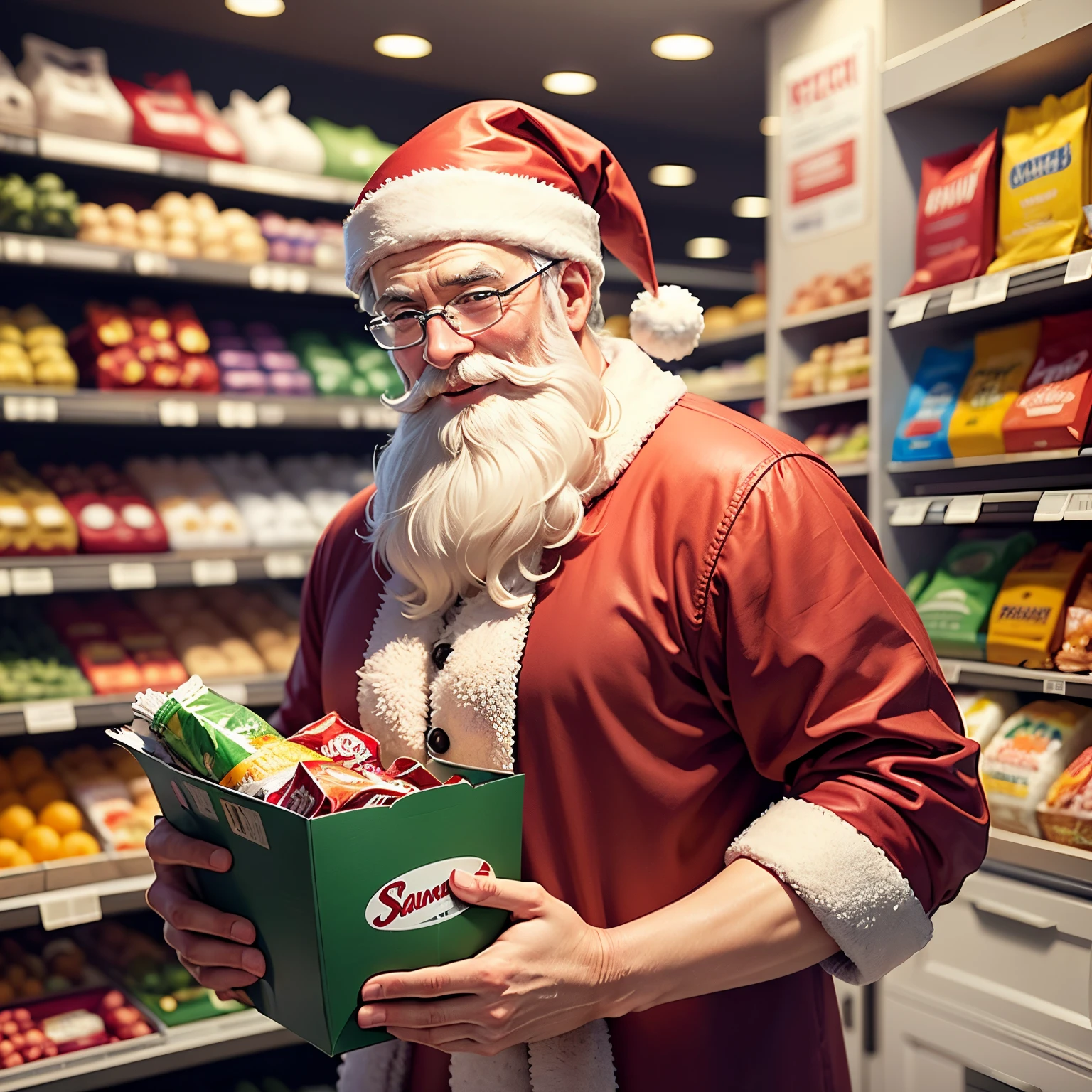 prompt of a cheerful Santa Claus grocery shopping at the store, supermarket. The Santa Claus has detailed eyes and a joyful expression on his face. He wears a red and white Santa Claus costume with a big, fluffy white beard. The store is filled with colorful, festive decorations and vibrant holiday-themed displays. Shelves are stocked with various groceries, including fruits, vegetables, canned goods, and snacks. The aisles are well-lit with bright studio lighting, showcasing the products in their best appearance. The supermarket has a warm and inviting atmosphere, with cheerful music playing in the background. The checkout counters are busy with other shoppers, creating a lively and bustling scene. Santa Claus is seen pushing a shopping cart filled with presents and groceries, spreading holiday cheer as he goes. The supermarket employees and other shoppers are smiling and interacting with Santa Claus, adding to the joyful atmosphere. The color palette of the prompt is vibrant and festive, with reds, greens, and golds dominating the scene. The lighting is bright and well-balanced, enhancing the details and colors of the products and decorations. The prompt aims to create a realistic and photorealistic (realistic, photorealistic, photo-realistic:1.37) image of a cheerful Santa Claus grocery shopping during the holiday season.