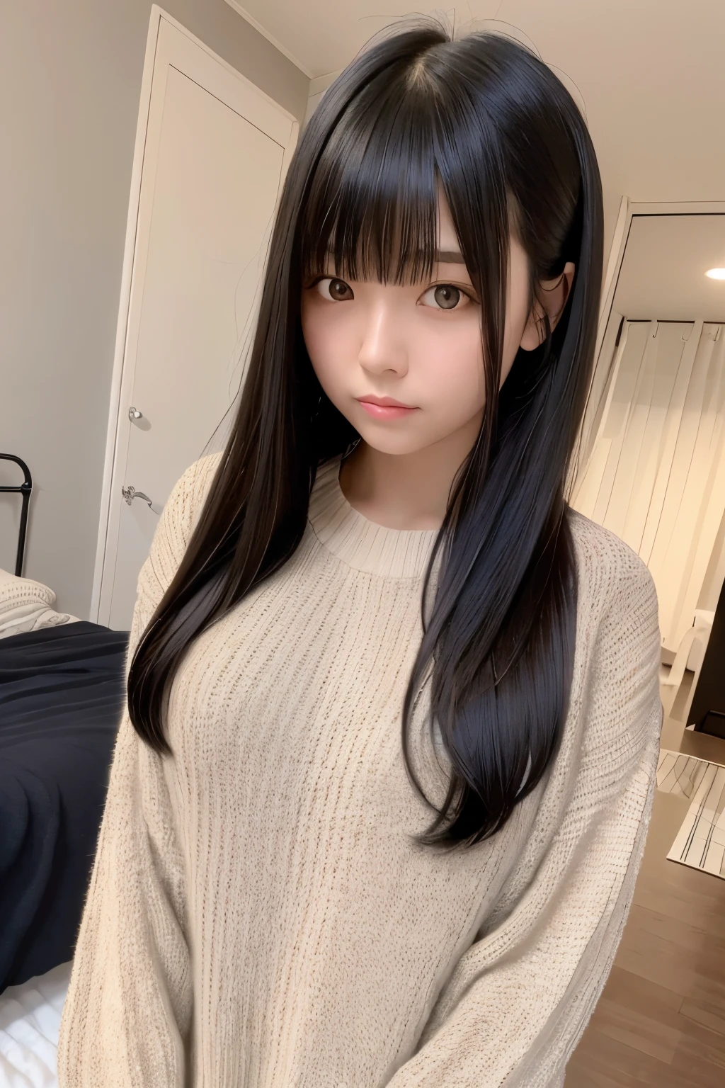 masterpiece, best quality, 1girl, solo, black hair, realistic, long hair, sweater, bangs, bedroom, closed mouth, upper body, hime cut, selfie
