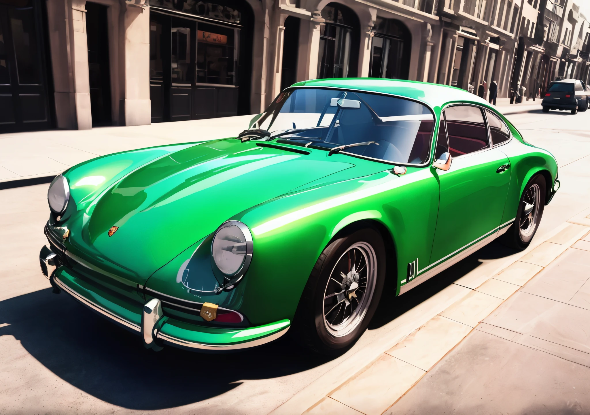 Arafed green car parked on the side of the road in front of a building, PORSCHE 356 |, Porsche 911 |, Porsche 9 1 1, Porsche, varanda, renderizador de octanagem", highly detailed octane render, classic cars, inspirado em Harry Haenigsen, estilo miura kentaro, Altamente detalhado Hyper Real Retro, inspirado em Bernardo Cavallino