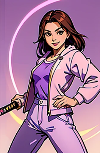 a beautiful white japanese girl with 19 years old, with, beautiful brown eyes,Relaxed smile, lean, a litle small, light pink jacket with light purple details, light purple pants, with a katana, in a pose fight, cartoon style