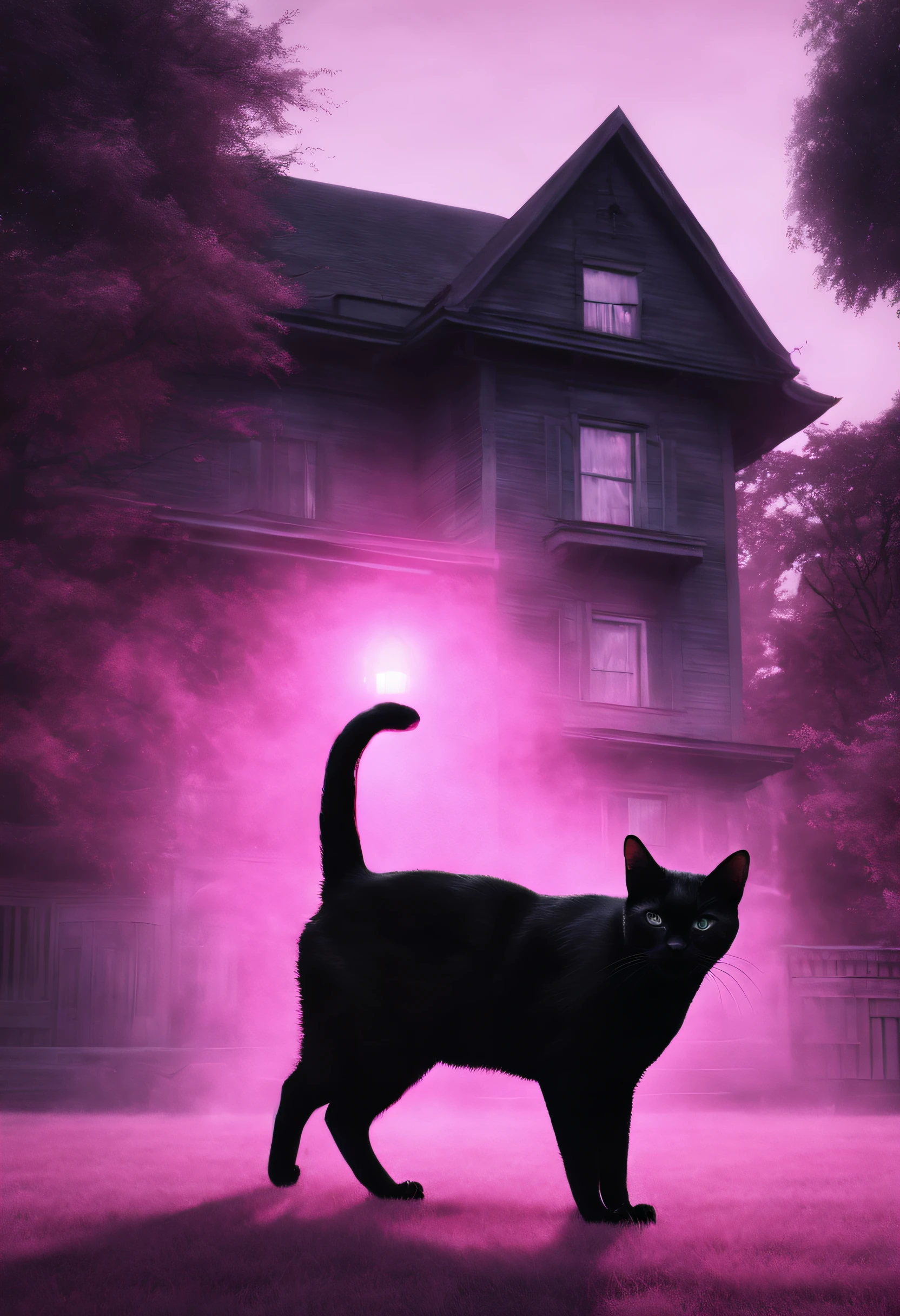 A ghost of a black cat guarding the house lawn, a black cat pink hologram texture, pink translucent spirit of a black cat, spirit of a black cat hologram, low opacity, conceptual art, ghostly form, pink fog around the spirit of the cat, glowing fog intricate ghosty black cat, photorealistic, glowing spirit black cat, photoreal, hyperrealism